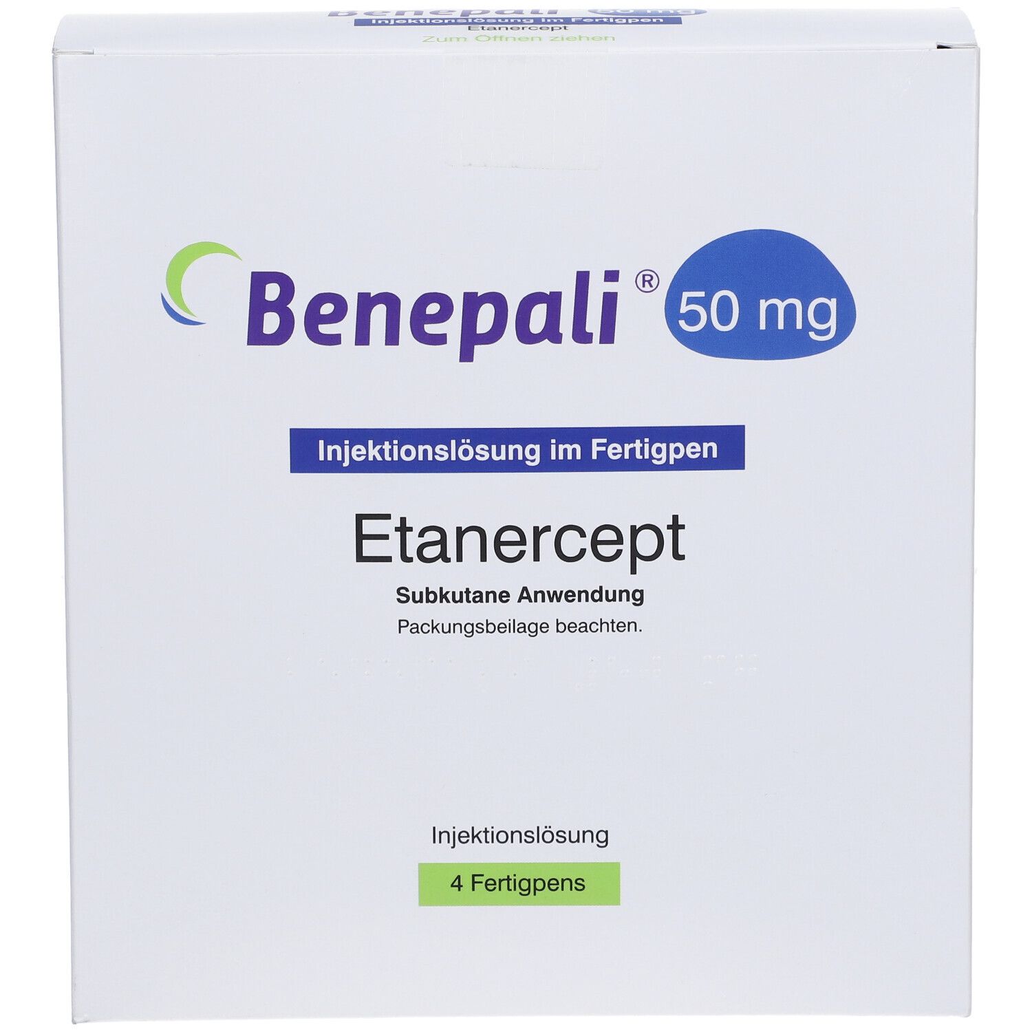 Weiße Schachtel mit BENEPALI 50 mg. Text: Injektionslösung im Fertigpen, Etanercept, 4 Fertigpens. Grünes Logo.