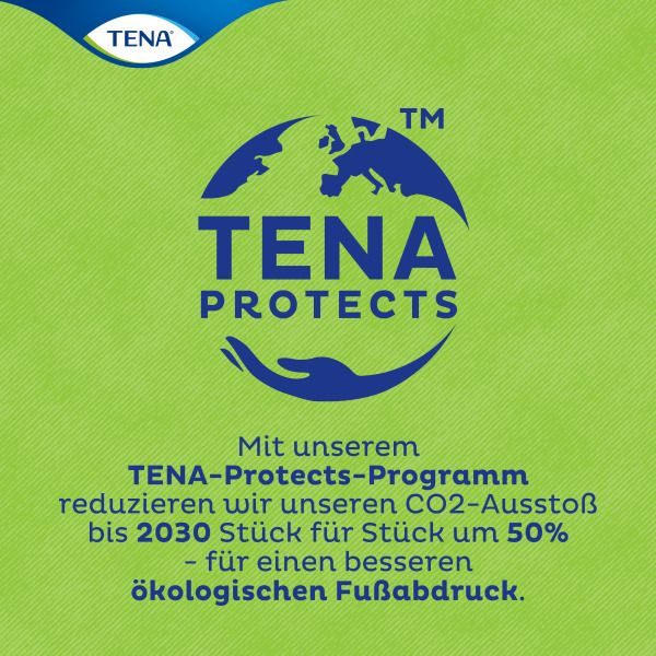Logo TENA PROTECTS avec mappemonde. Texte sur la réduction des émissions de CO2 d'ici 2030.