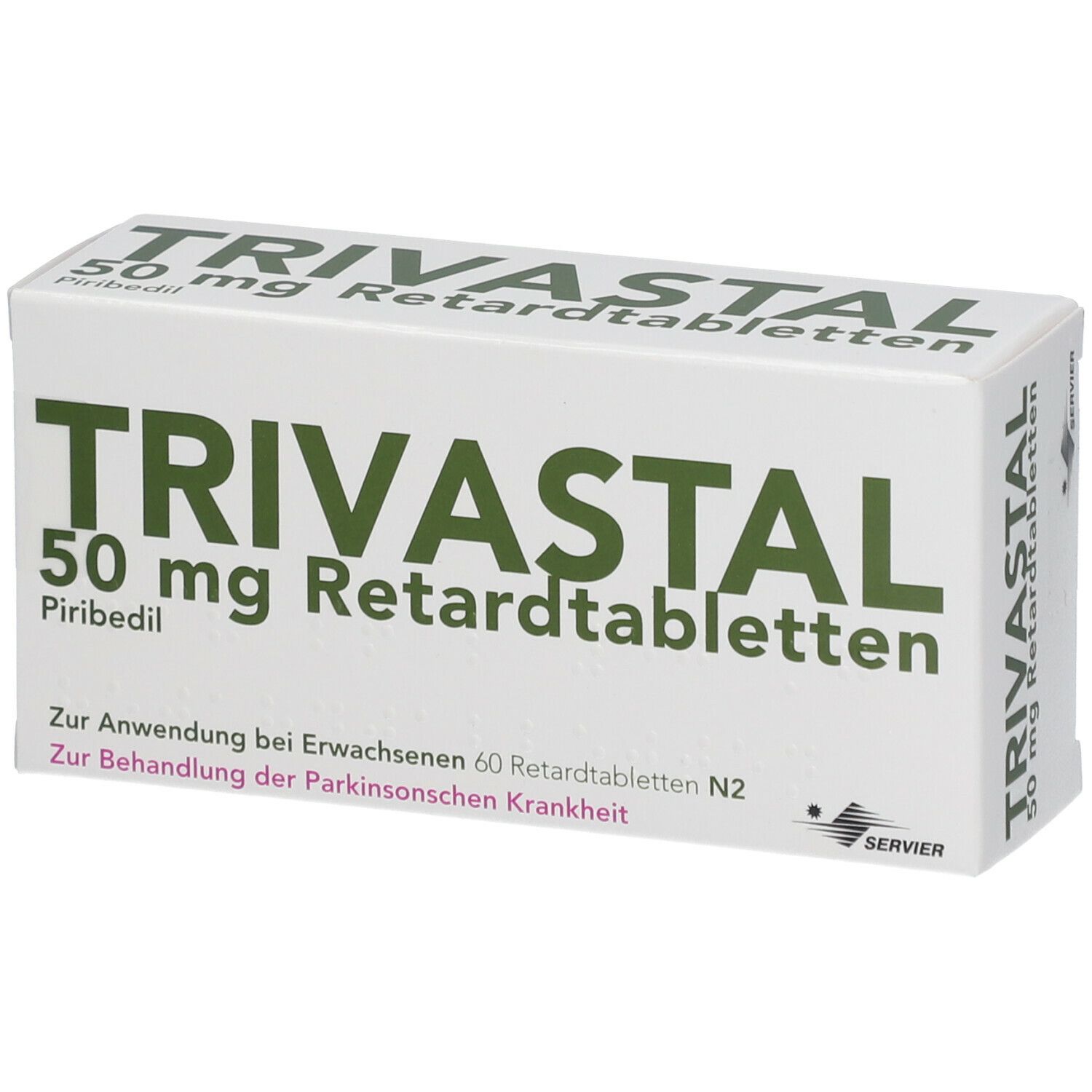 Schachtel TRIVASTAL 50 mg Retardtabletten. Aufschrift: 50 mg, Piribedil. Für Erwachsene. 60 Retardtabletten. N2.