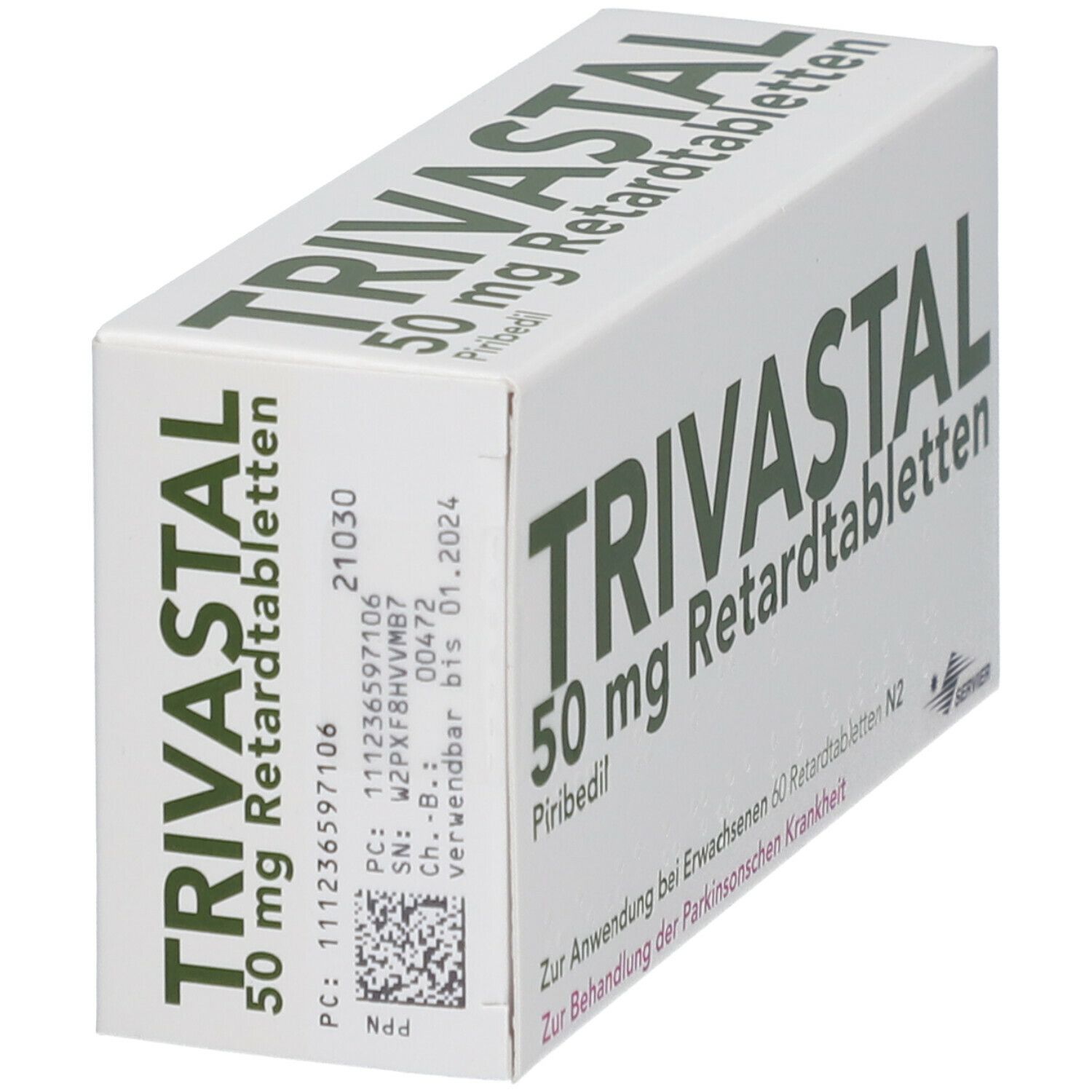 Schachtel TRIVASTAL 50 mg Retardtabletten. Aufschrift: 50 mg, Piribedil. Verwendbar bis 01.2024. Mit Barcode und Chargennummer.