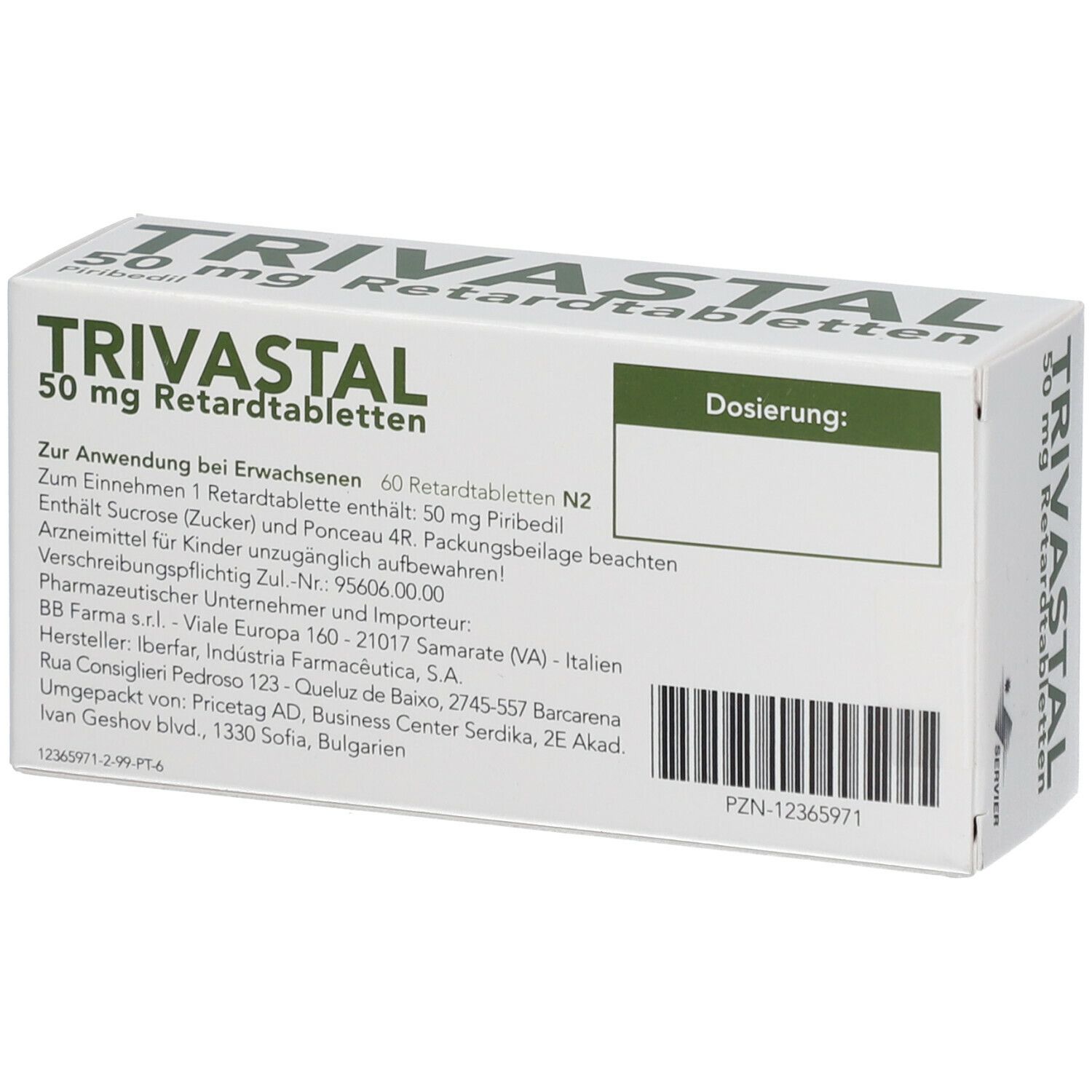 Schachtel TRIVASTAL 50 mg Retardtabletten. Aufschrift: 50 mg, Piribedil. Dosierung. Herstellerinformationen und PZN-Nummer.