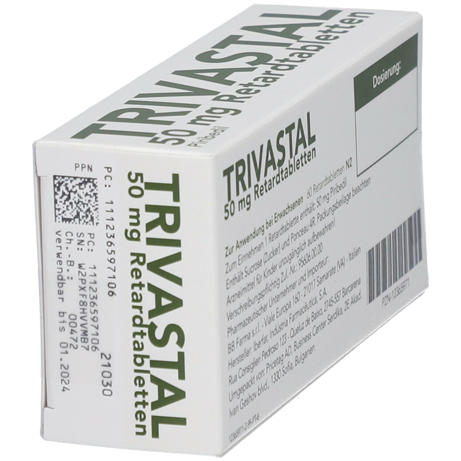Schachtel TRIVASTAL 50 mg Retardtabletten. Aufschrift: 50 mg, Piribedil. Verwendbar bis 01.2024. Mit Barcode und Chargennummer.