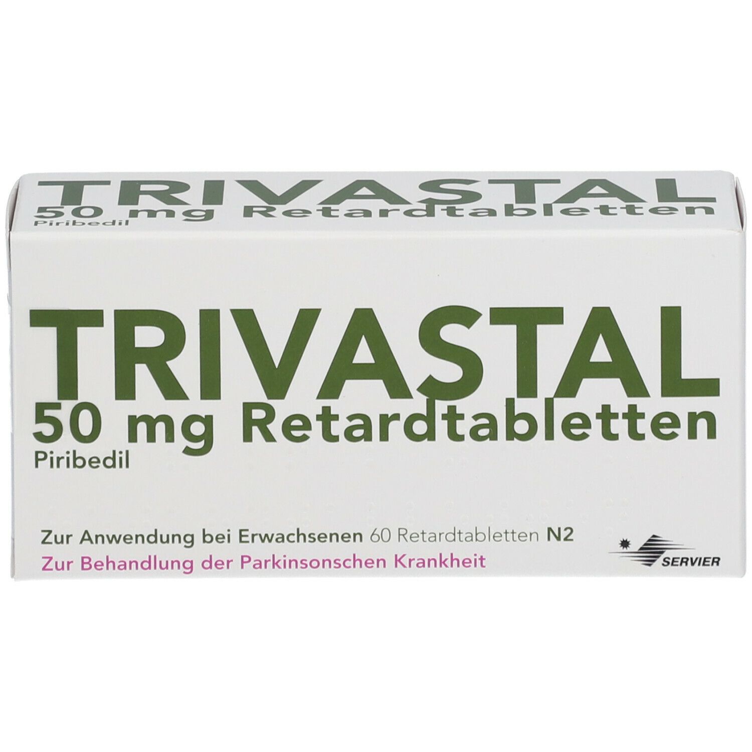Schachtel TRIVASTAL 50 mg Retardtabletten. Aufschrift: 50 mg, Piribedil. Für Erwachsene. 60 Retardtabletten. N2.