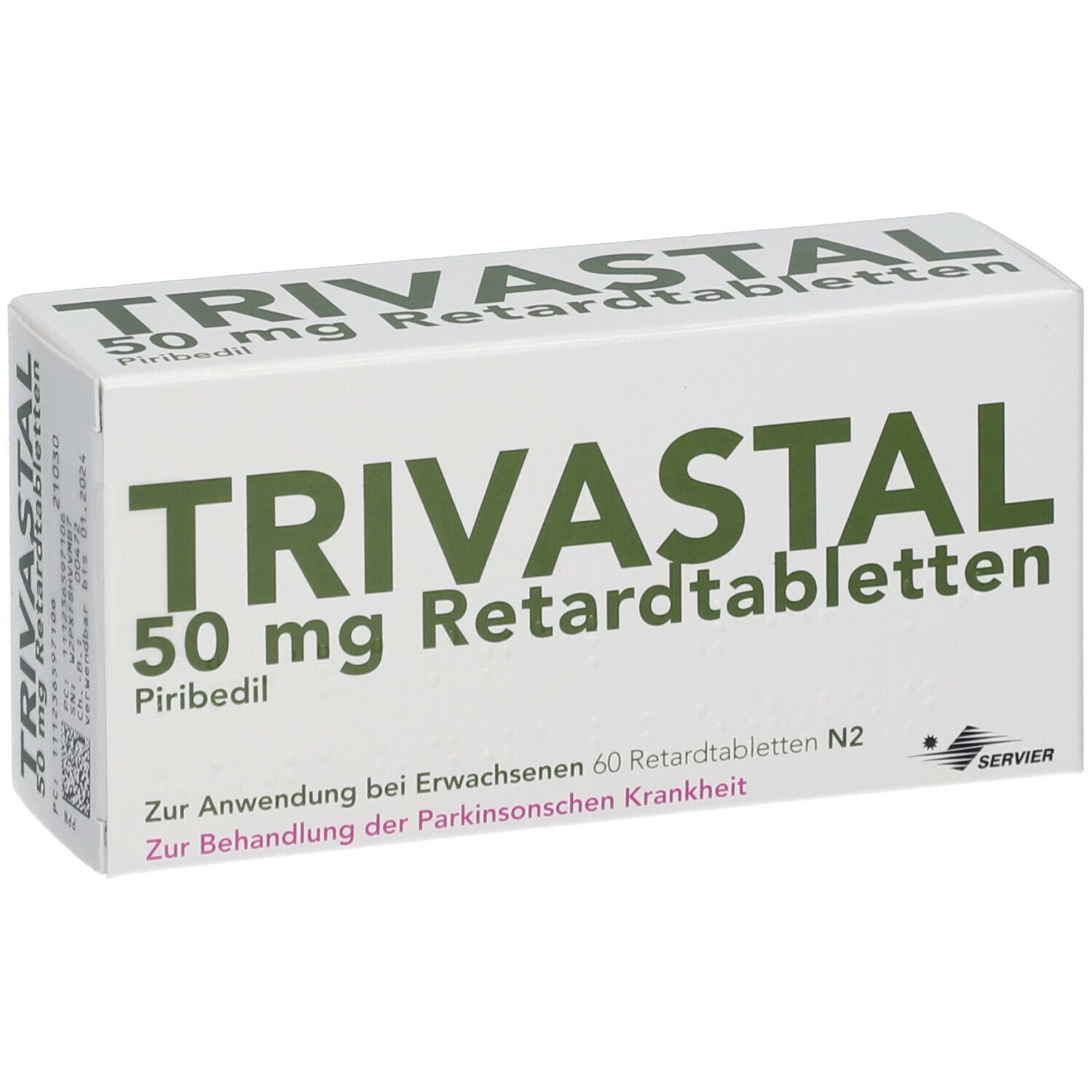 Schachtel TRIVASTAL 50 mg Retardtabletten. Aufschrift: 50 mg, Piribedil. Für Erwachsene. 60 Retardtabletten. N2.