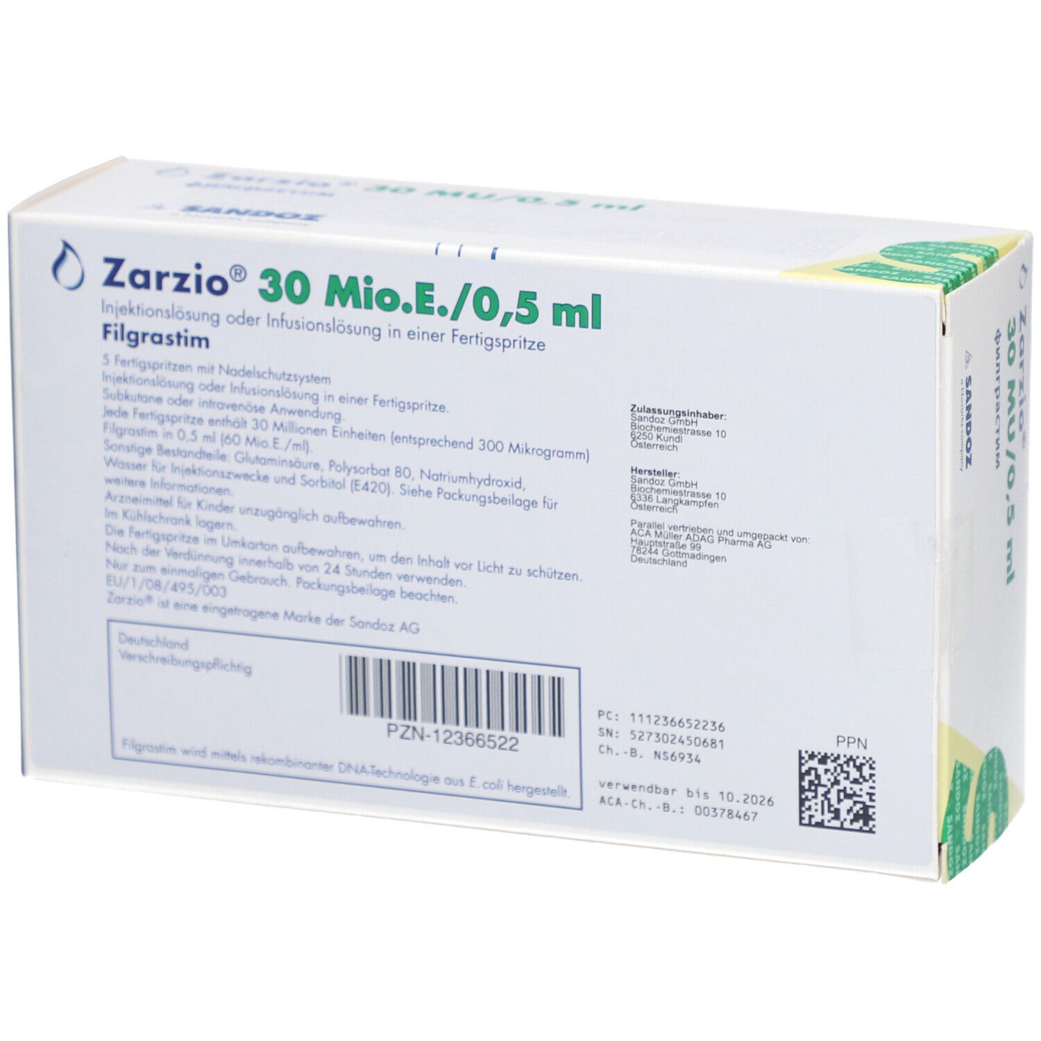 Zarzio 30 Mio.E./0,5 ml Verpackung. Enthält 5 Fertigspritzen. Sandoz Logo. Text in deutscher Sprache.