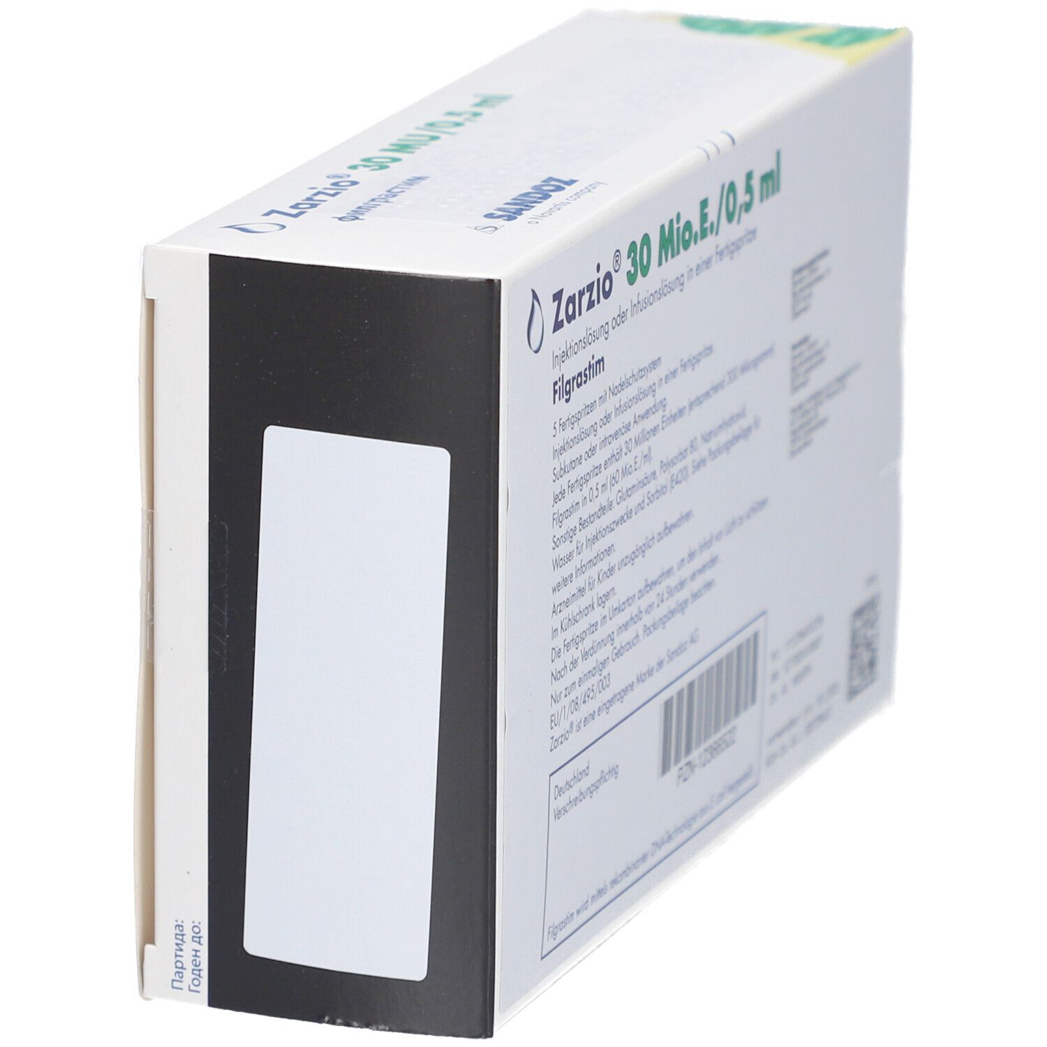 Zarzio 30 Mio.E./0,5 ml Verpackung. Weiße Box mit schwarzem Feld. Sandoz Logo. Text in deutscher Sprache.