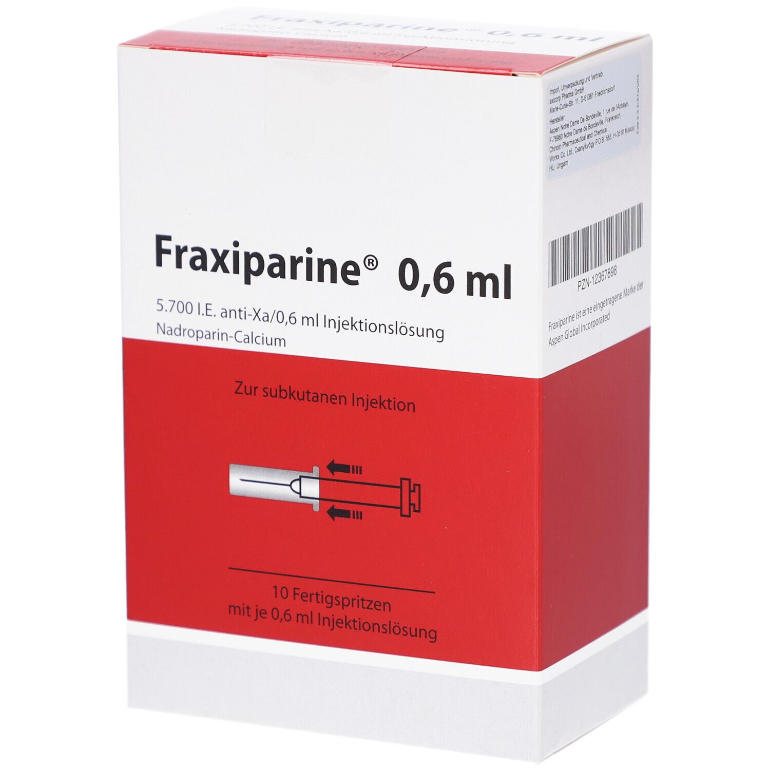 Schachtel FRAXIPARINE 0,6 ml. Rote und weiße Verpackung. Text: 0,6 ml Injektionslösung, 10 Fertigspritzen. Nadroparin-Calcium.