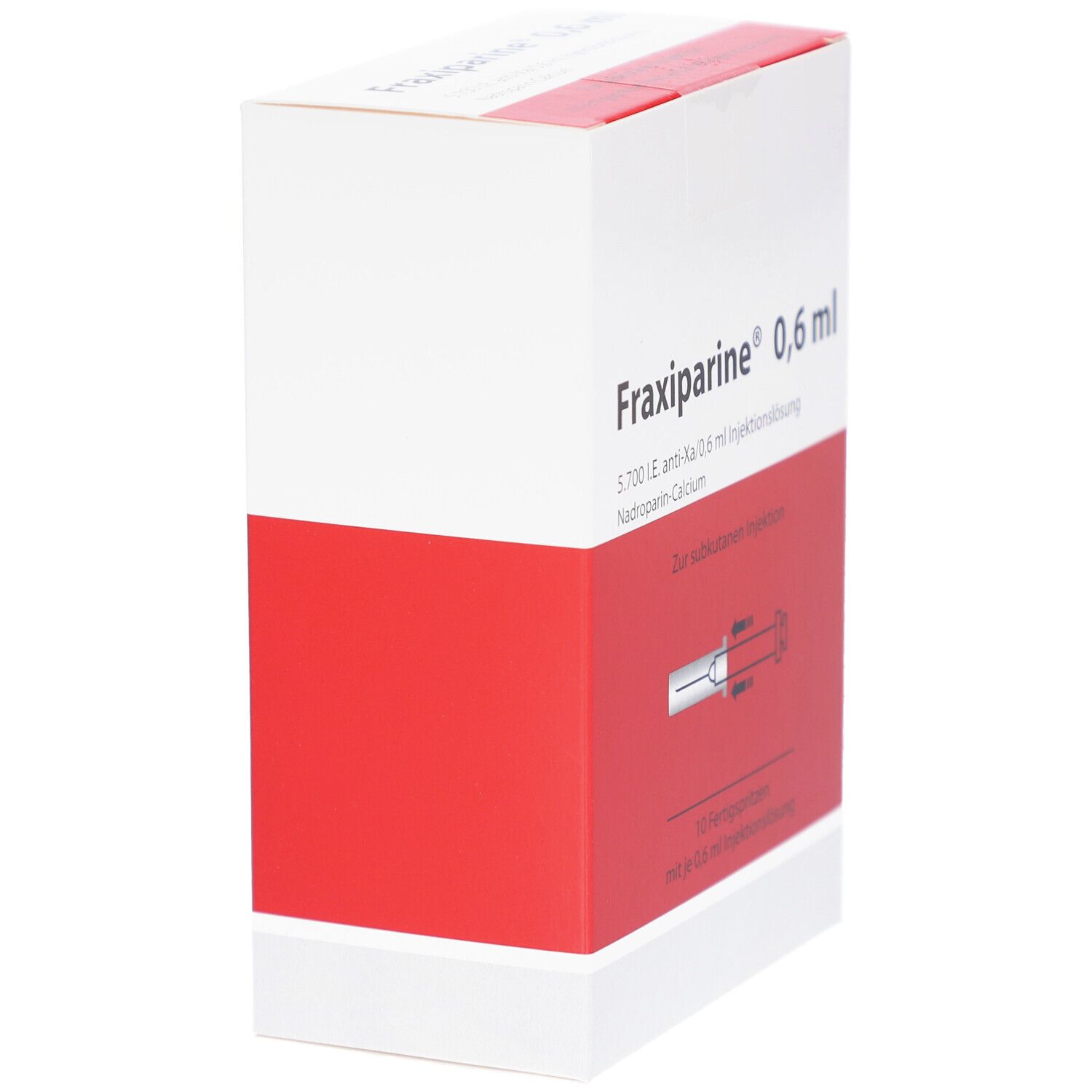 Fraxiparine 0,6 ml Verpackung, rote und weiße Schachtel. Produktname und Inhaltsangaben. Seitenansicht der Verpackung.
