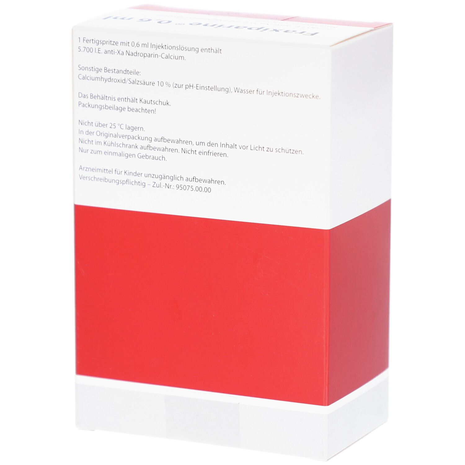 Rückseite der Schachtel FRAXIPARINE 0,6 ml. Weiße Verpackung mit rotem Streifen. Text über Inhaltsstoffe und Lagerung.