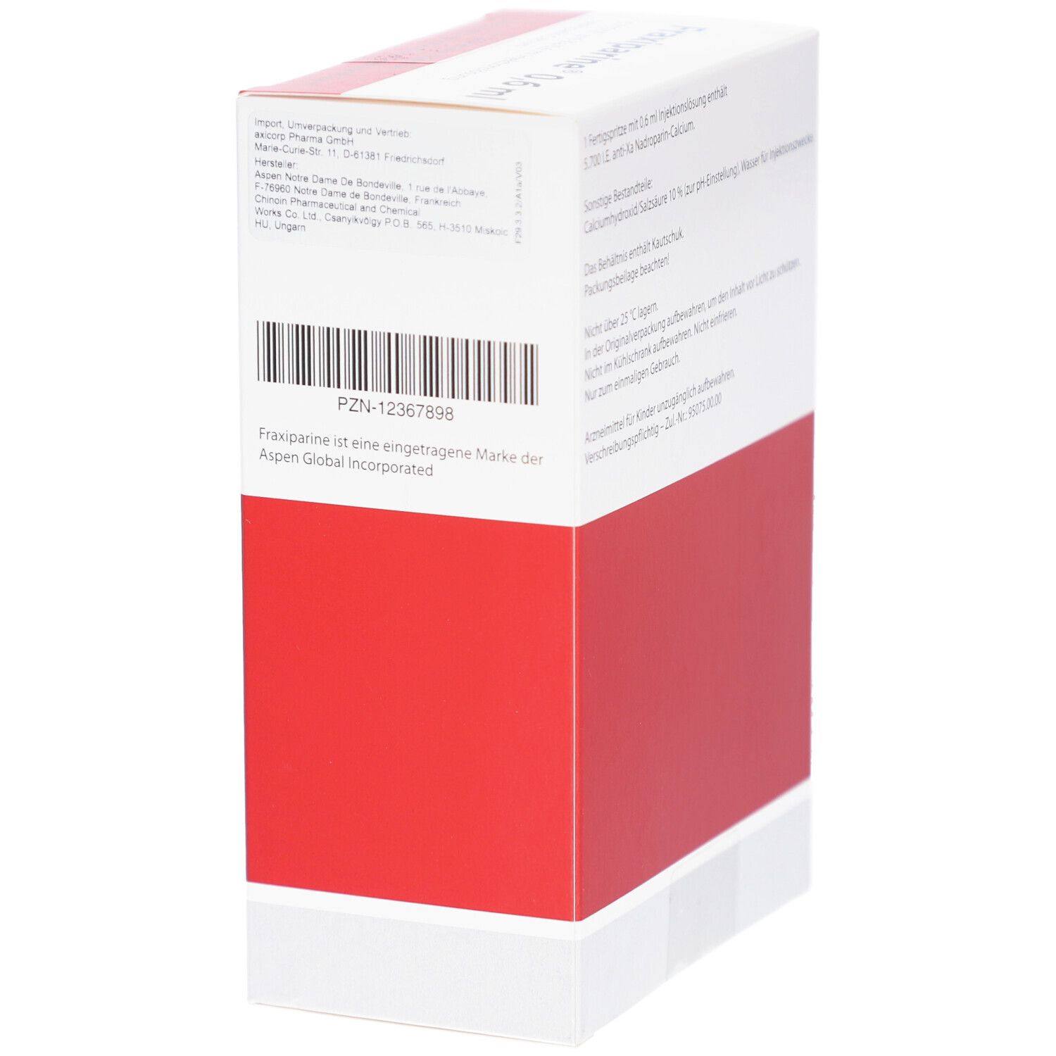 Seite der Schachtel FRAXIPARINE 0,6 ml. Weiße Verpackung mit rotem Streifen. Text und Barcode.