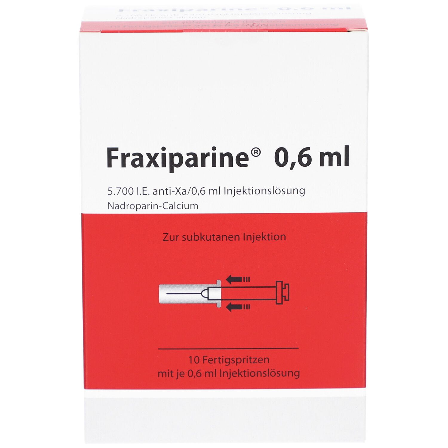 Schachtel FRAXIPARINE 0,6 ml. Rote und weiße Verpackung. Text: 0,6 ml Injektionslösung, 10 Fertigspritzen. Nadroparin-Calcium.