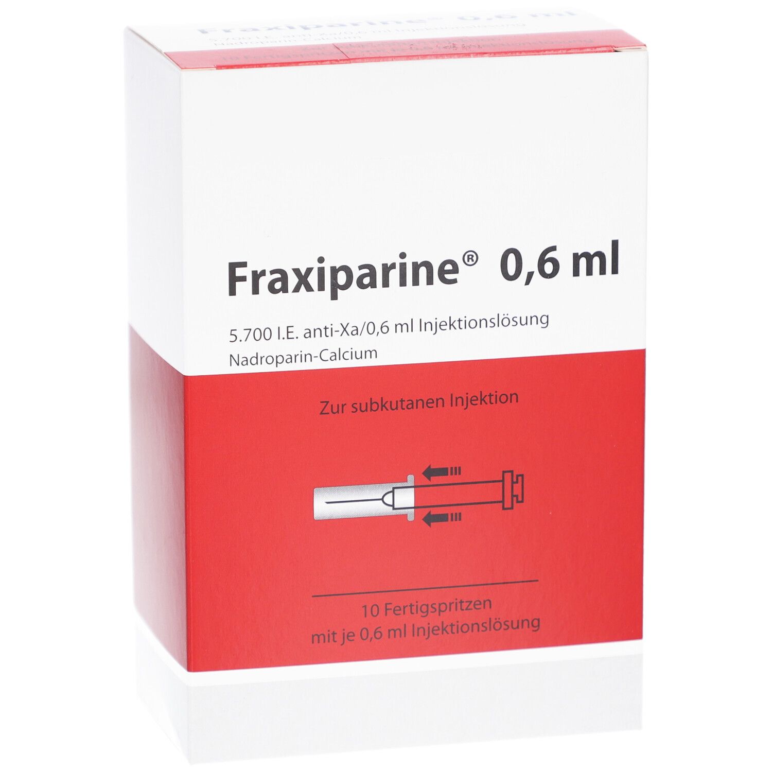Schachtel FRAXIPARINE 0,6 ml. Rote und weiße Verpackung. Text: 0,6 ml Injektionslösung, 10 Fertigspritzen. Nadroparin-Calcium.