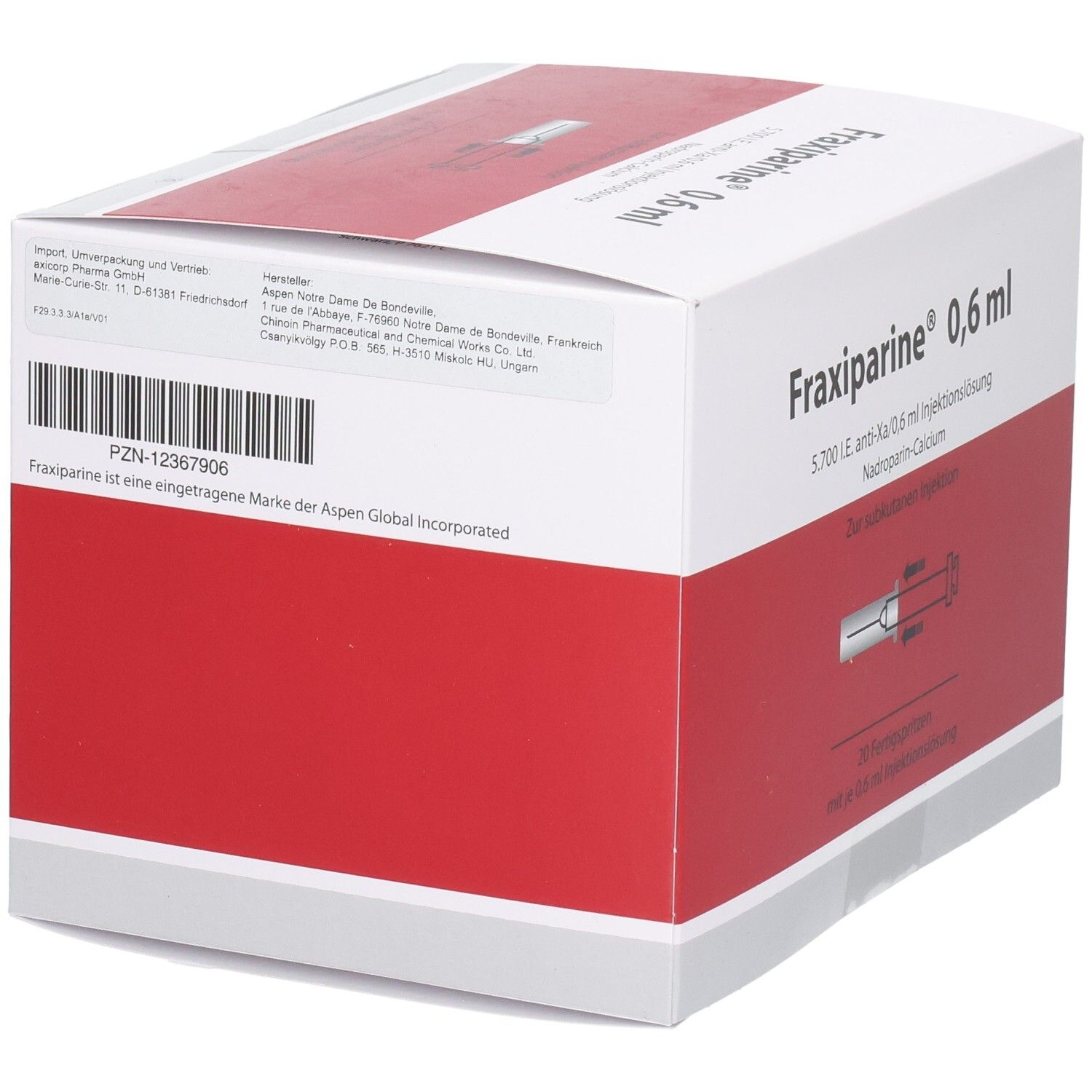 Verpackung Fraxiparine 0,6 ml Injektionslösung. Enthält 20 Fertigspritzen.