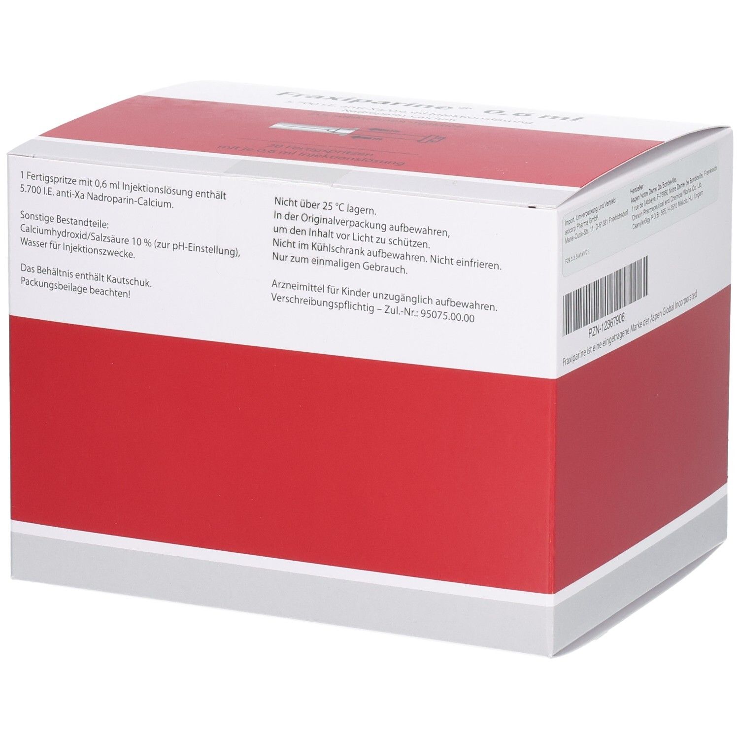 Rückseite der Fraxiparine 0,6 ml Verpackung mit Anwendungshinweisen und PZN.