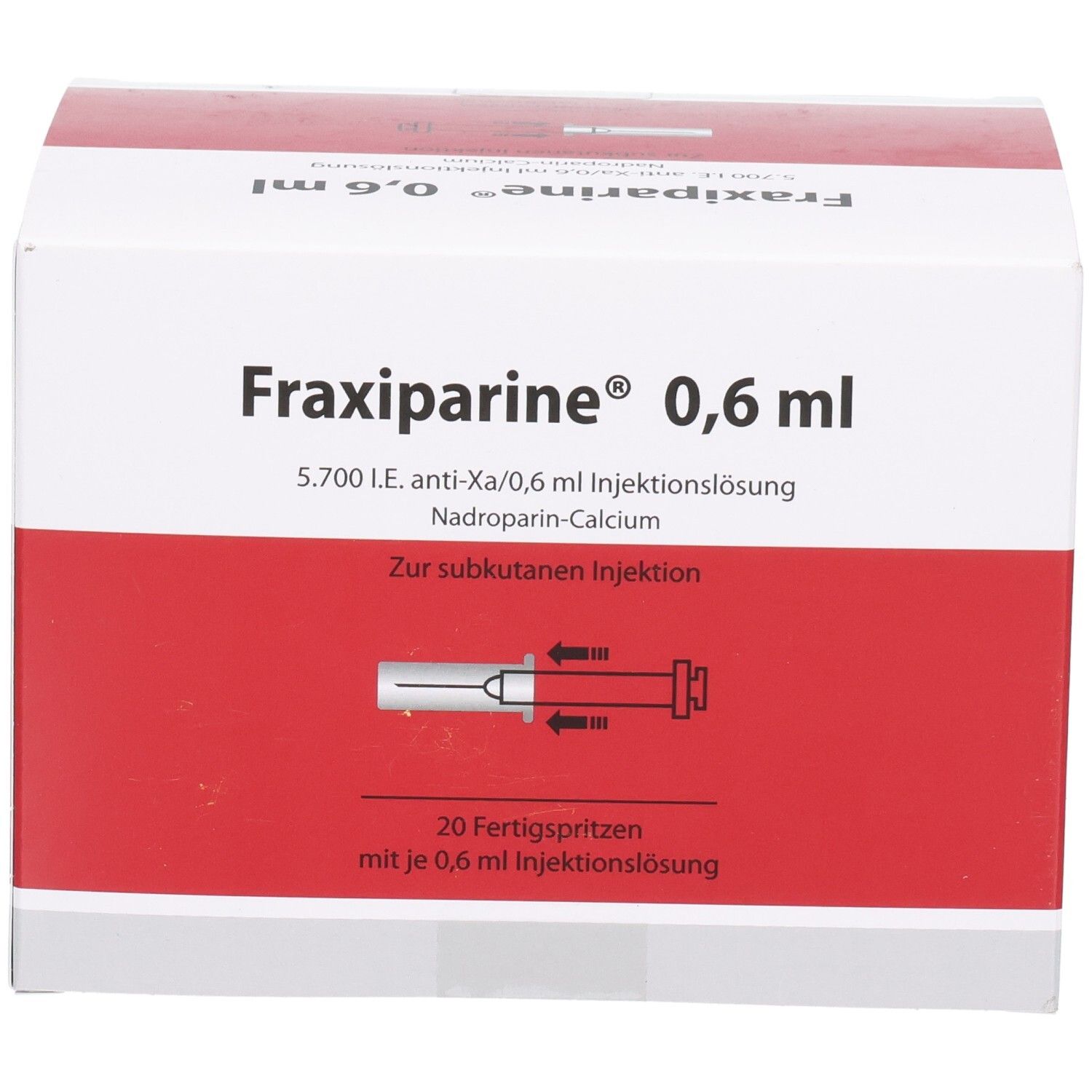 Vorderseite der Fraxiparine 0,6 ml Verpackung. Zeigt eine Spritze und 20 Fertigspritzen.