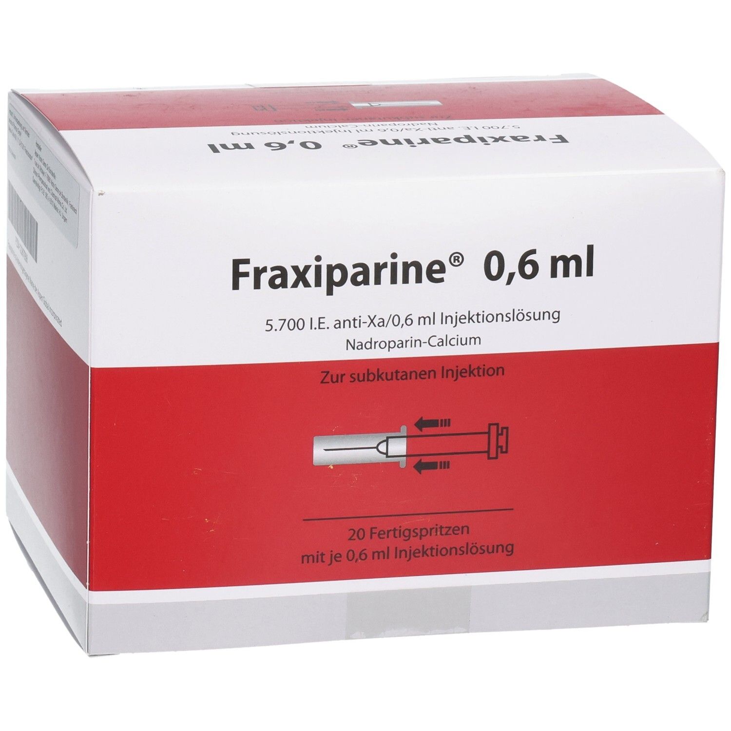 Vorderseite der Fraxiparine 0,6 ml Verpackung. Zeigt eine Spritze und 20 Fertigspritzen.