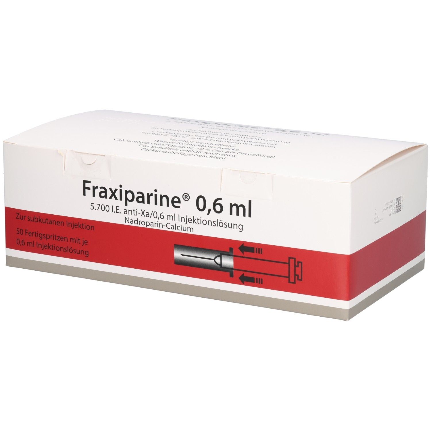 Weißer Karton mit rotem Streifen. Aufschrift: Fraxiparine 0,6 ml Injektionslösung. Enthält 50 Fertigspritzen.