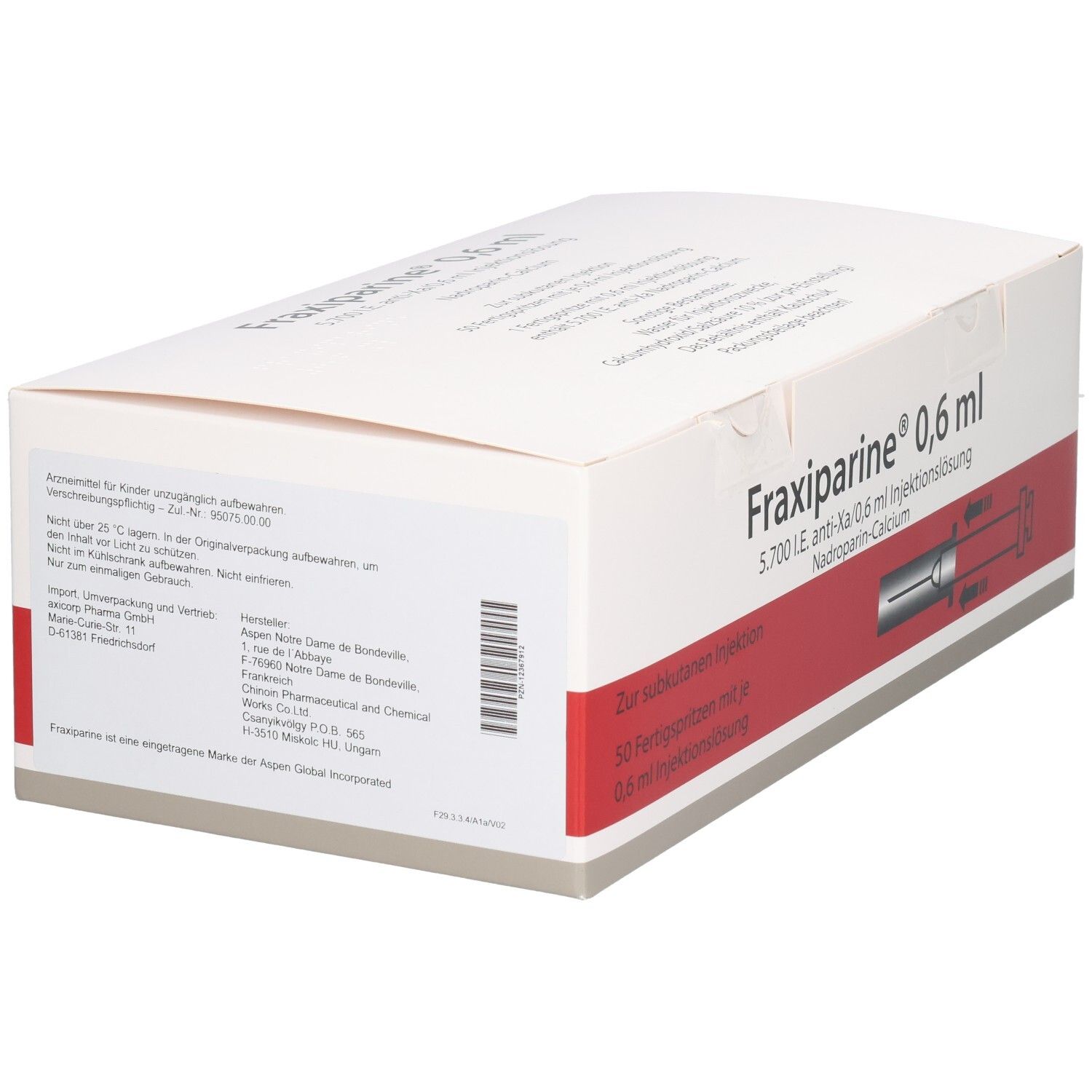 Karton mit Aufschrift Fraxiparine 0,6 ml. Roter Streifen. Enthält 50 Fertigspritzen. Rückseite mit Text und Barcode.