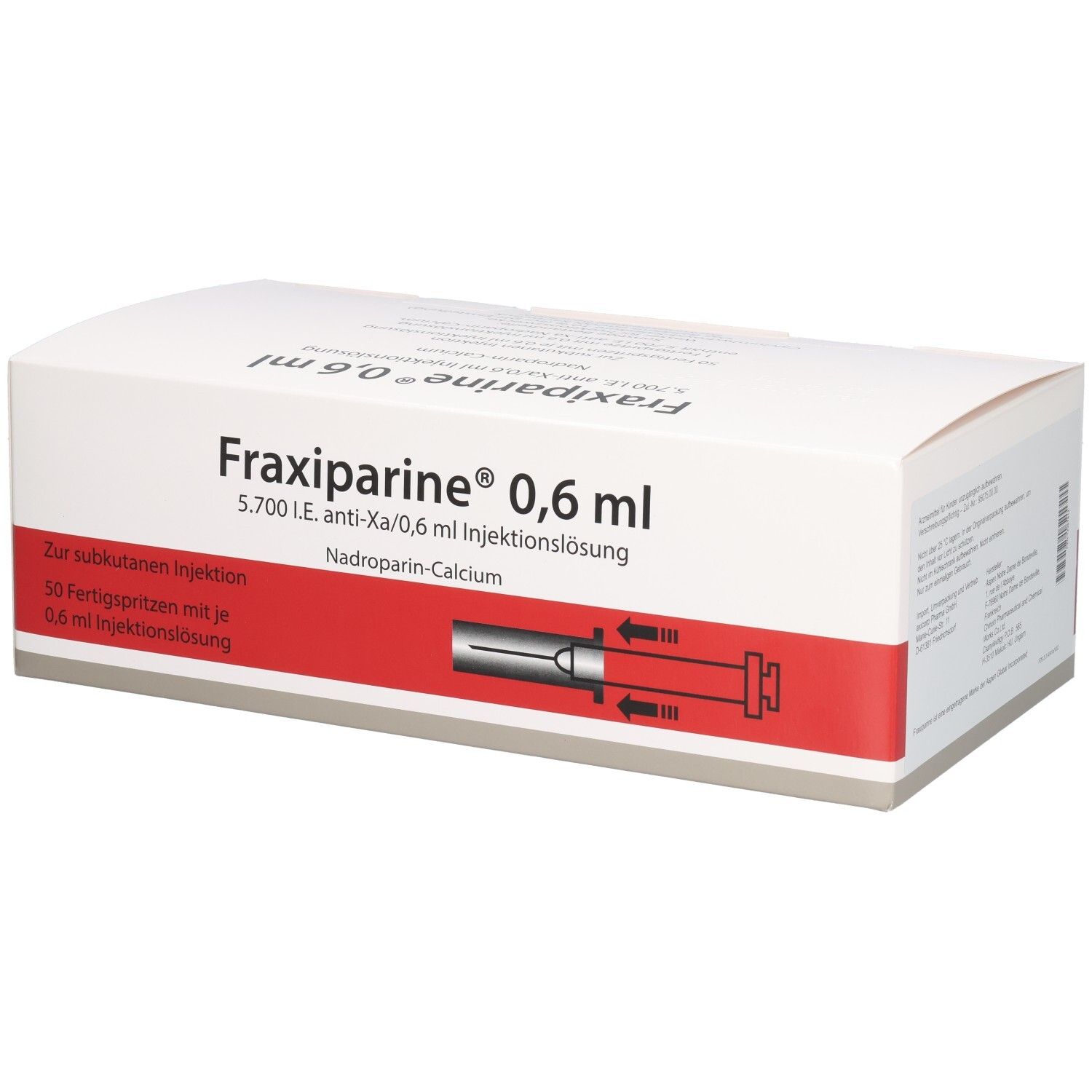 Weißer Karton mit rotem Streifen. Aufschrift: Fraxiparine 0,6 ml Injektionslösung. Enthält 50 Fertigspritzen.