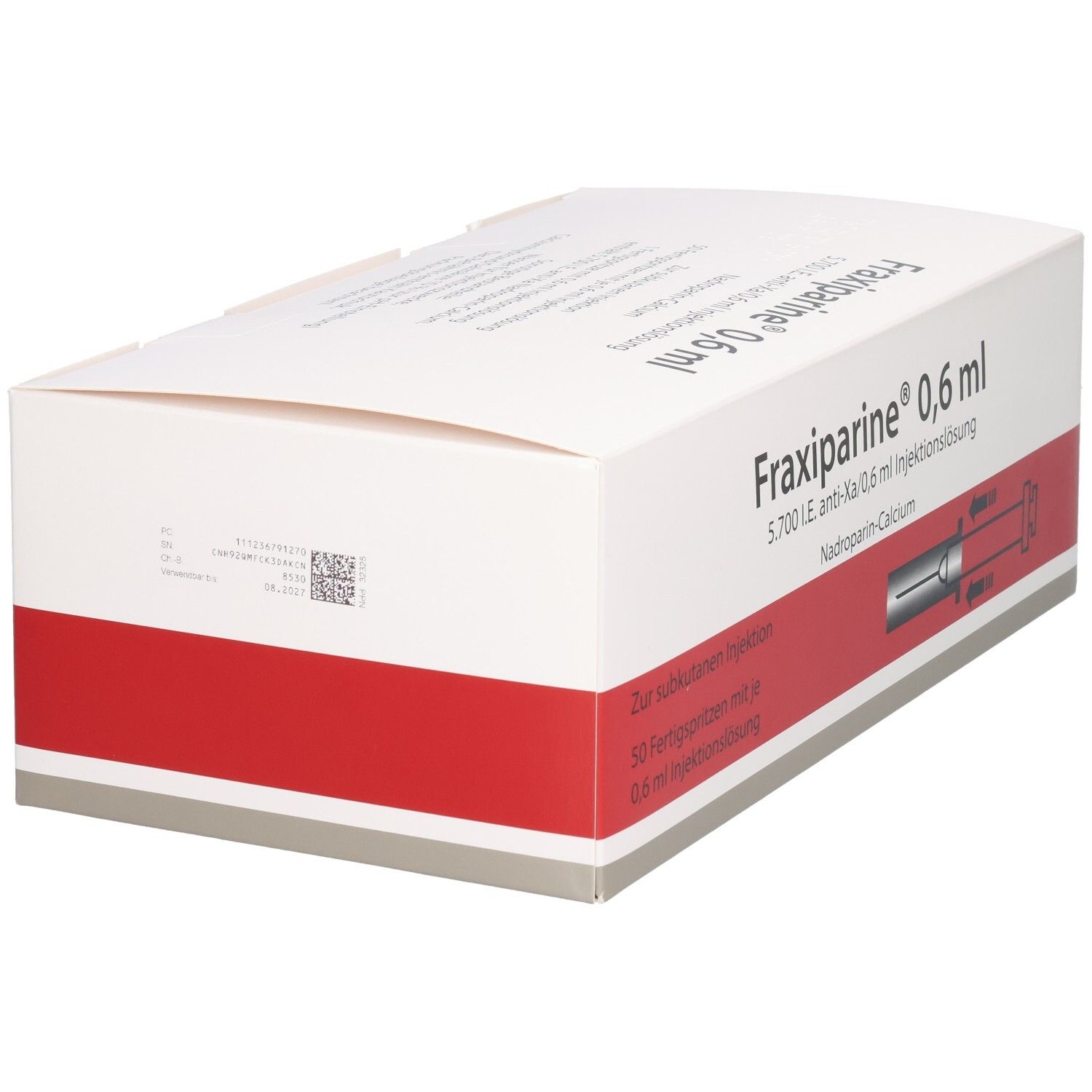 Karton mit Aufschrift Fraxiparine 0,6 ml. Roter Streifen. Enthält 50 Fertigspritzen. Rückseite mit Text und Barcode.