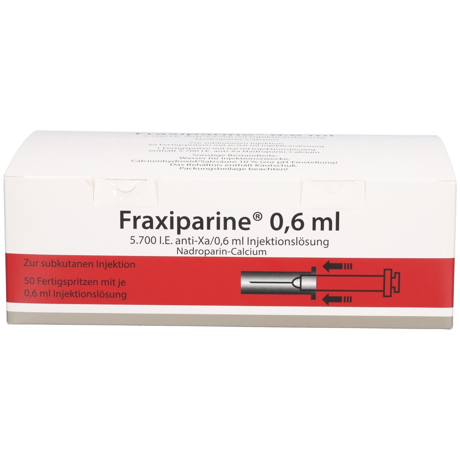 Weißer Karton mit rotem Streifen. Aufschrift: Fraxiparine 0,6 ml Injektionslösung. Enthält 50 Fertigspritzen.