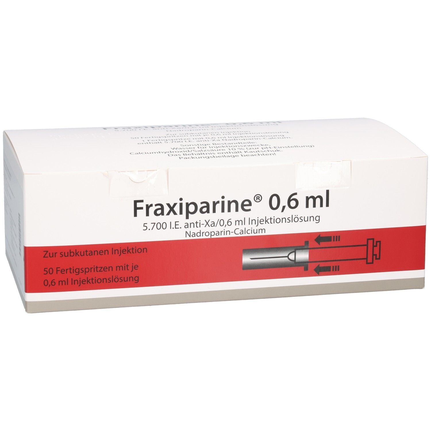 Weißer Karton mit rotem Streifen. Aufschrift: Fraxiparine 0,6 ml Injektionslösung. Enthält 50 Fertigspritzen.