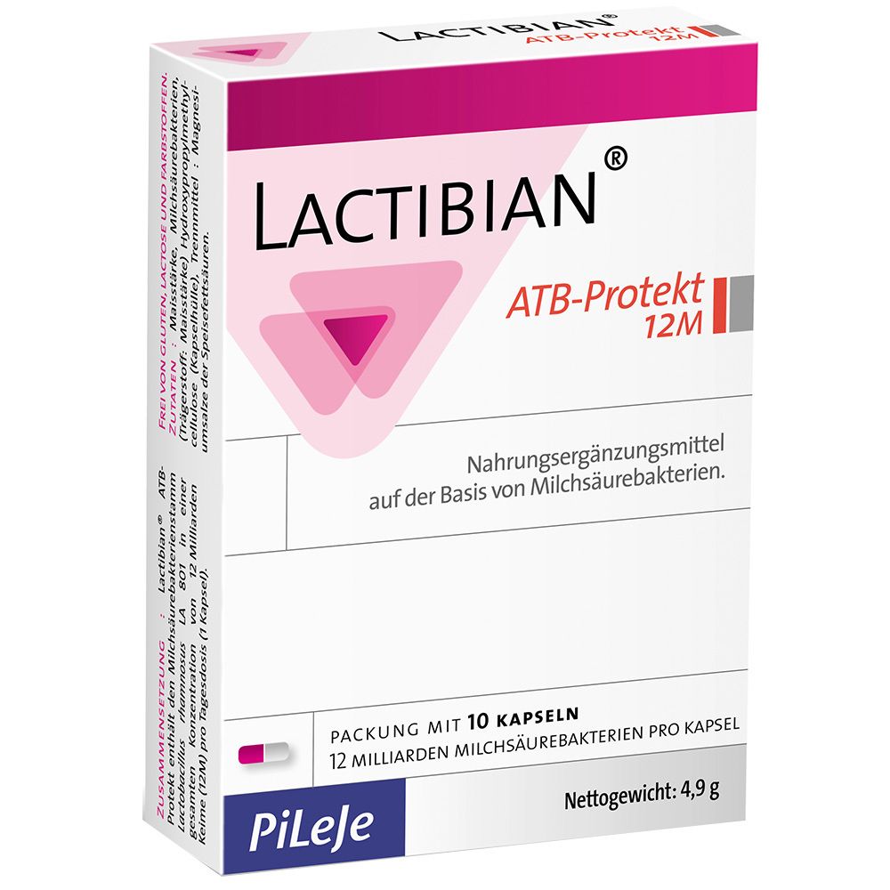 Karton mit Produktnamen Lactibian® ATB-Protekt 12M. Enthält 10 Kapseln. Aufschrift: Nahrungsergänzungsmittel auf der Basis von Milchsäurebakterien.