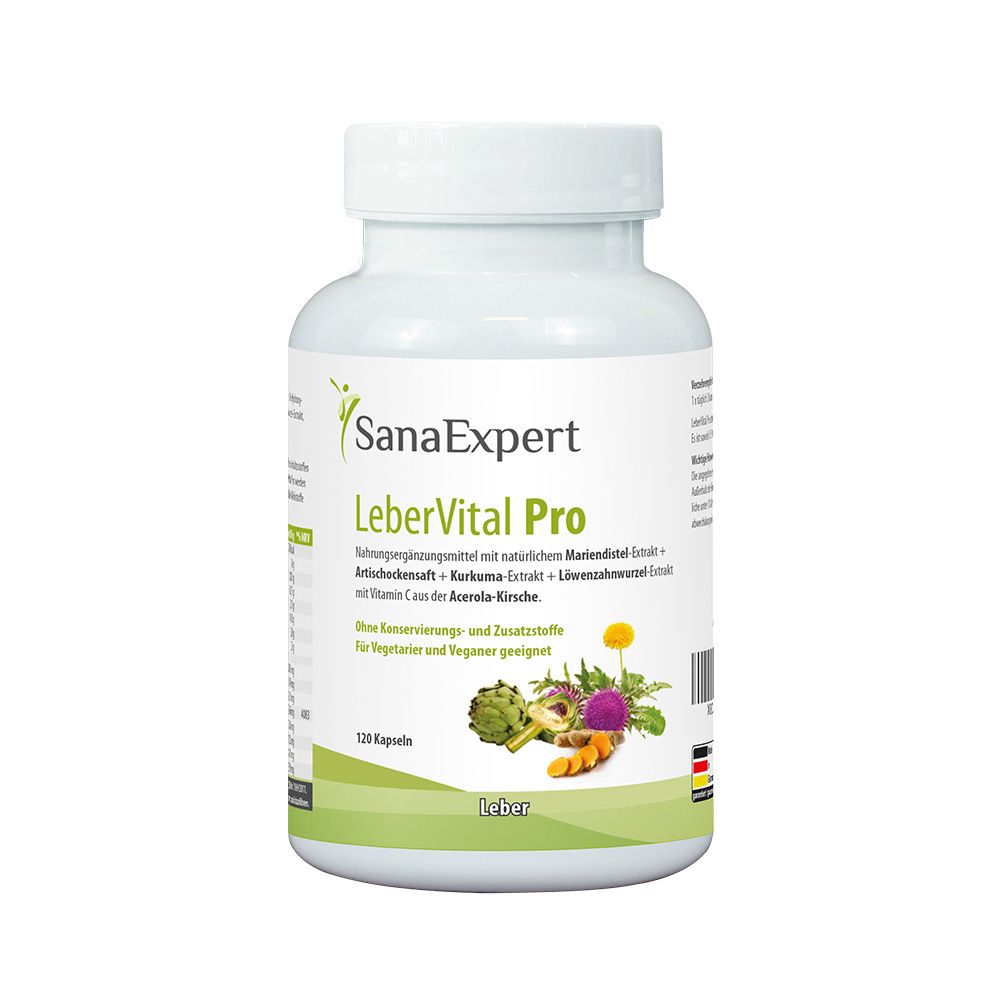 Weiße Flasche SanaExpert LeberVital Pro. Aufschrift: LeberVital Pro. 120 Kapseln. Abbildung von Kräutern.