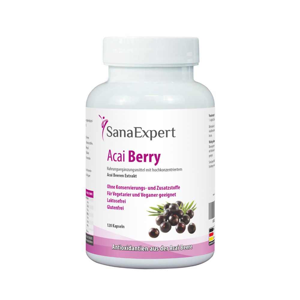 Weiße Flasche mit SanaExpert Acai Berry Kapseln. Aufschrift: Acai Berry, 120 Kapseln, glutenfrei, laktosefrei, vegan.