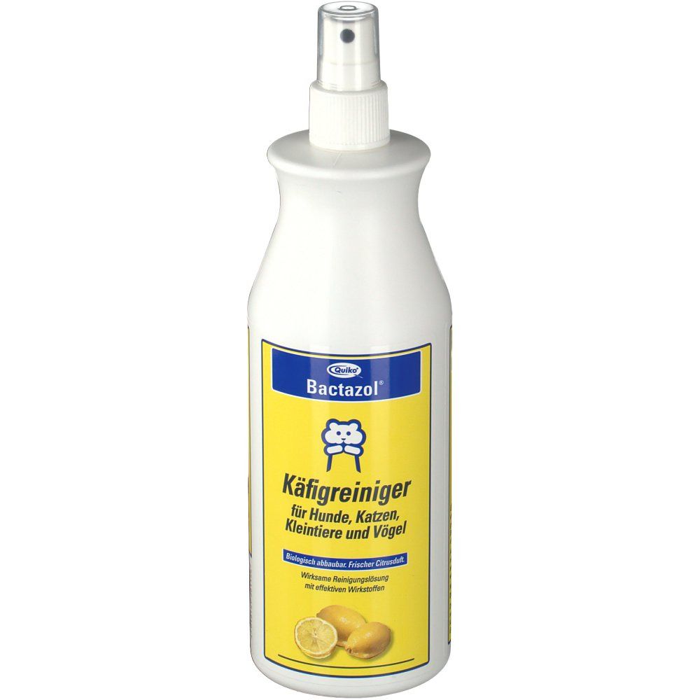 Weiße Sprühflasche mit gelbem Etikett. Bactazol® Käfigreiniger für Hunde, Katzen, Kleintiere und Vögel. Mit Zitronen-Abbildung.