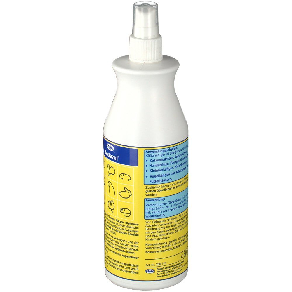 Rückseite der weißen Sprühflasche. Gelbes Etikett mit Produktinformationen. Bactazol® Käfigreiniger. Anwendungshinweise und Inhaltsstoffe.