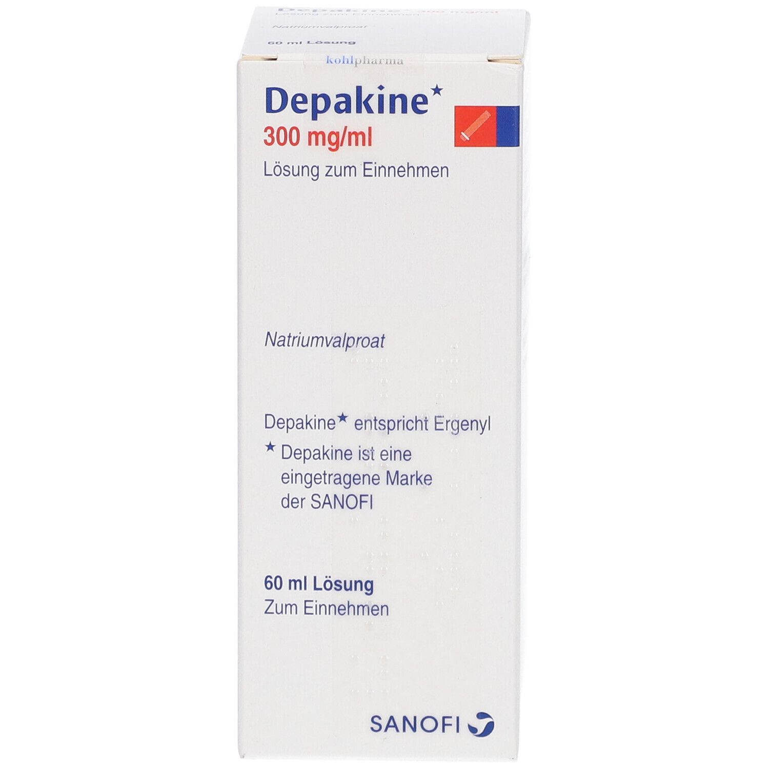 Weißer Karton mit Produktinformationen. Aufschrift: Depakine 300 mg/ml, 60 ml Lösung. Sanofi-Logo.