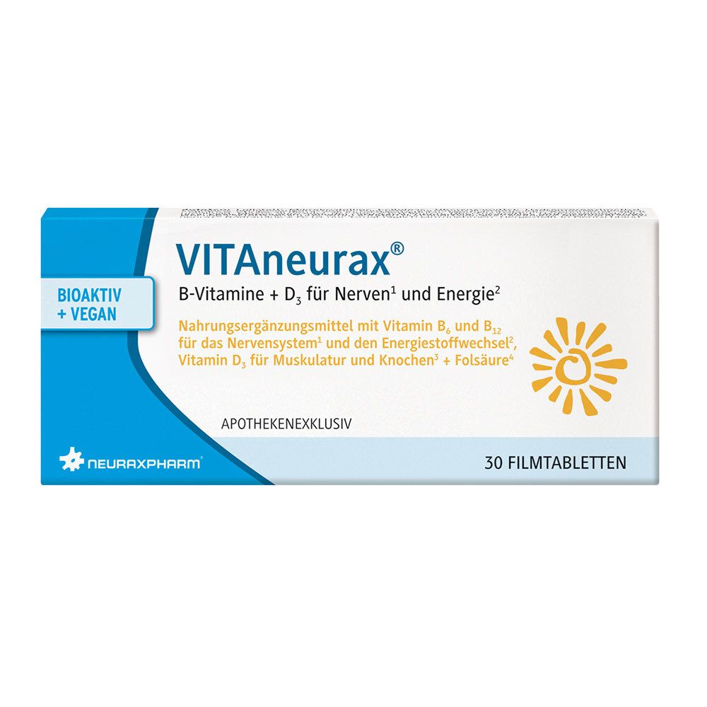 Weiße Schachtel mit VITAneurax®, B-Vitamine + D3. Text: Bioaktiv + Vegan, 30 Filmtabletten. Apothekenexklusiv. Sonnen-Logo.