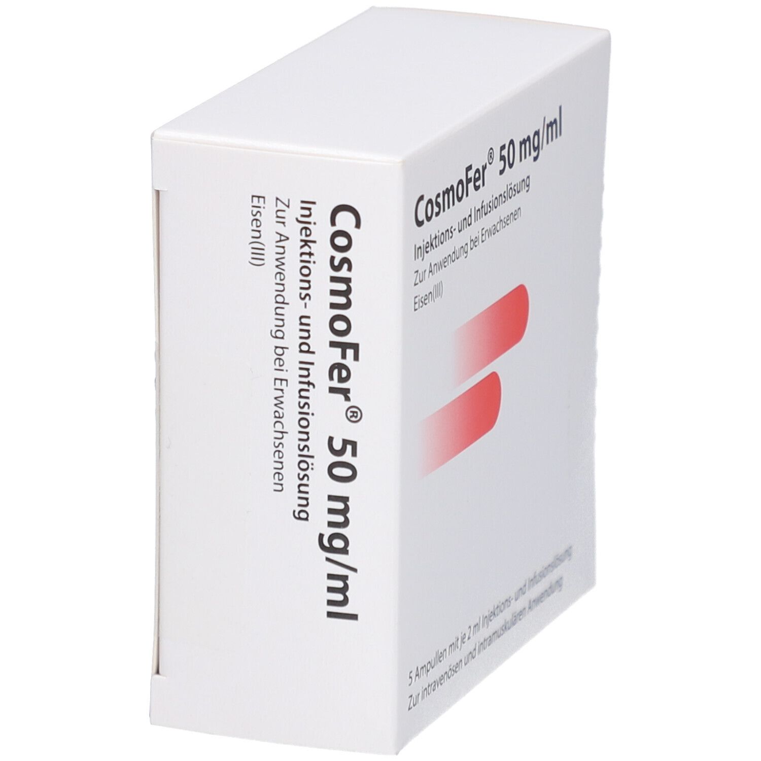 Schräg stehende weiße Faltschachtel mit CosmoFer 50 mg/ml Aufschrift. Enthält Injektions-/Infusionslösung. Rote Streifen.