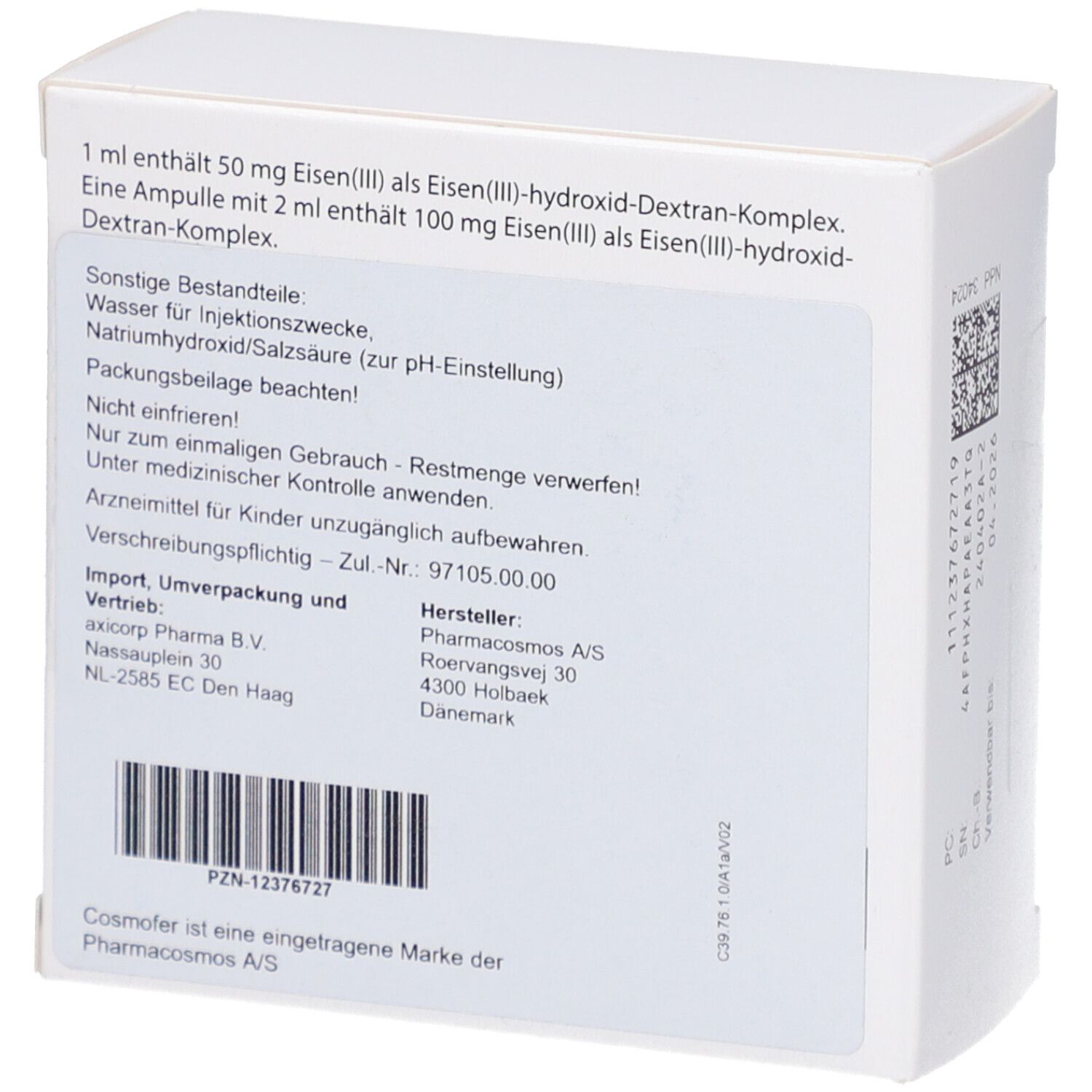 Rückseite der weißen Faltschachtel mit Informationen zu Inhaltsstoffen, Hersteller und Importeur. Barcode und PZN-Nummer.