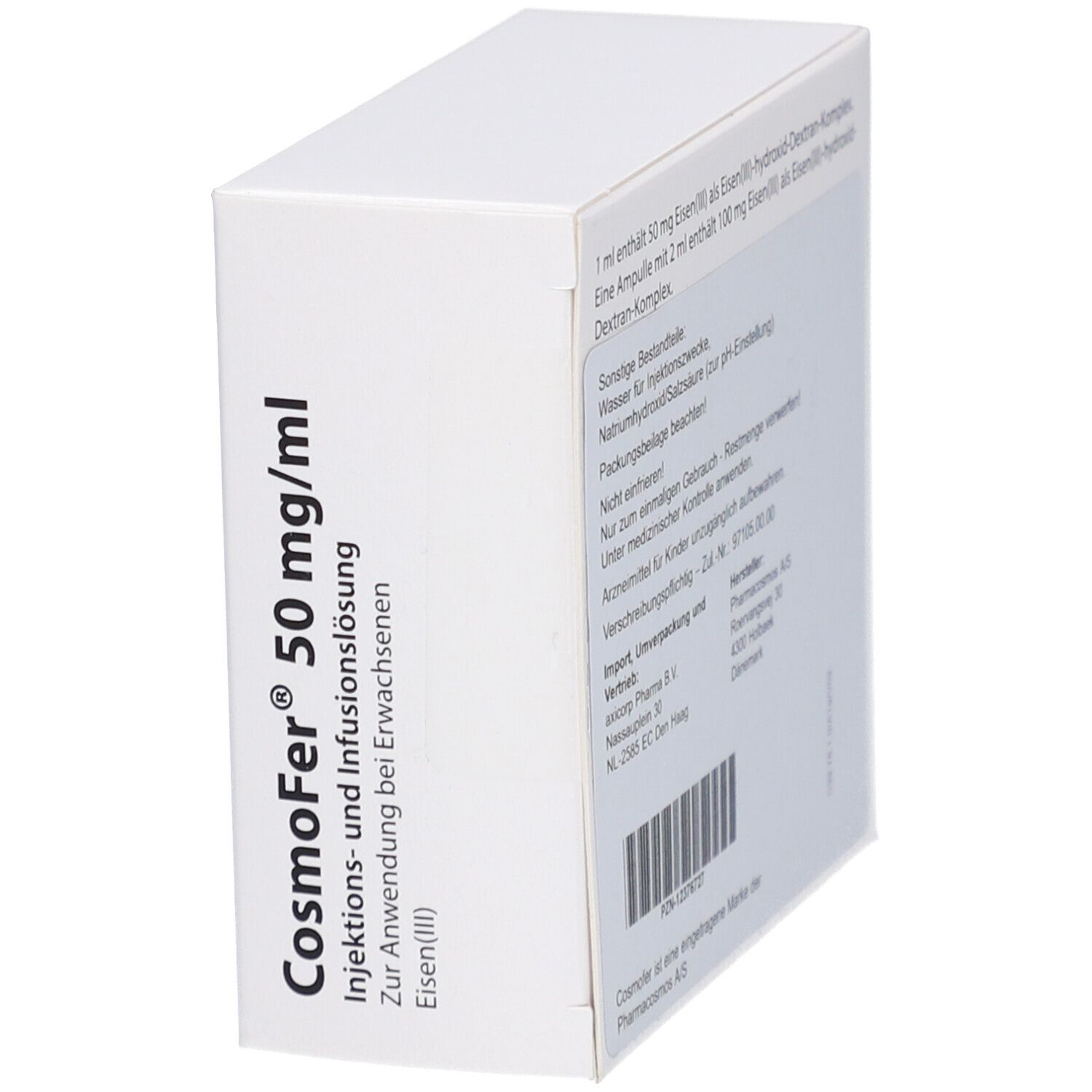 Schräg stehende weiße Faltschachtel mit CosmoFer 50 mg/ml Aufschrift. Enthält Injektions-/Infusionslösung. Rückseite mit Text.