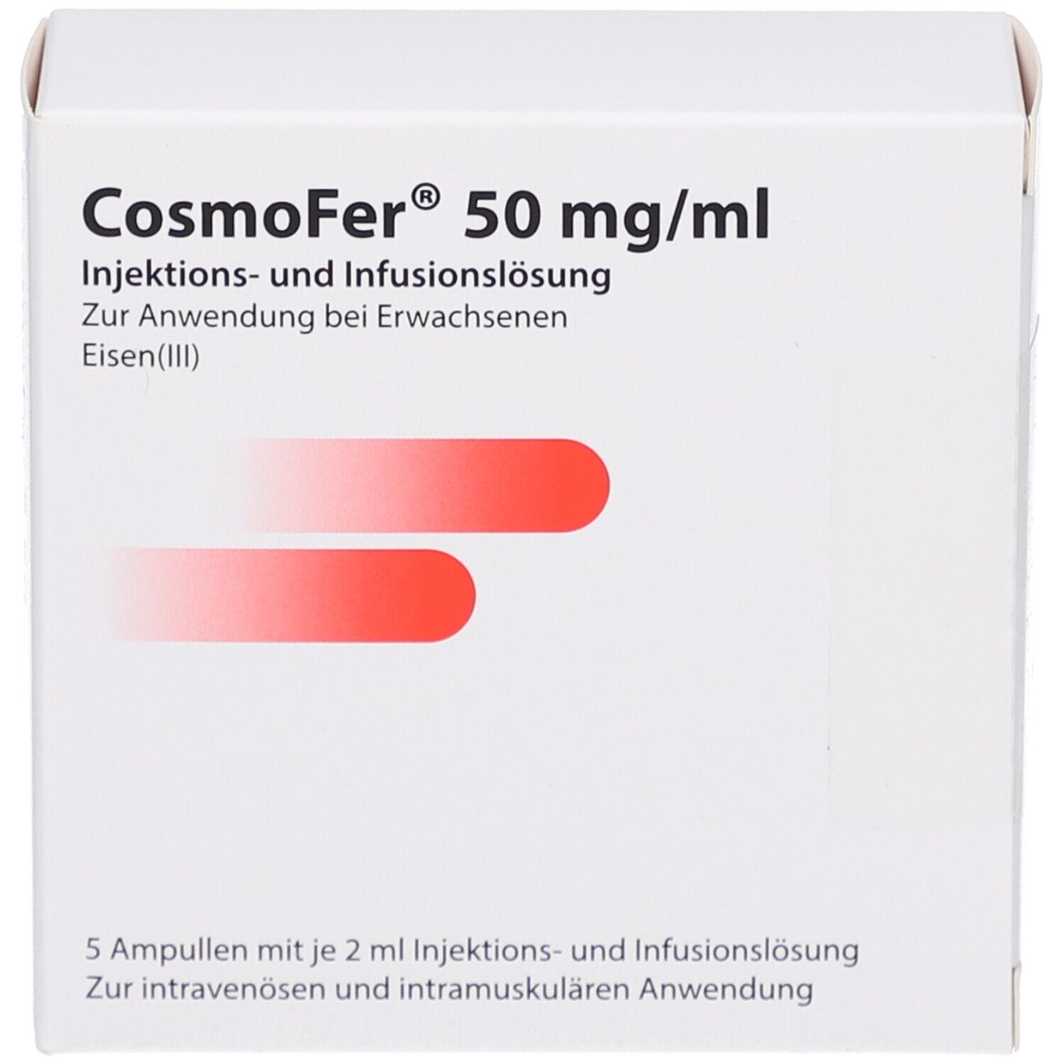 Weiße Faltschachtel mit CosmoFer 50 mg/ml Aufschrift. Enthält Injektions-/Infusionslösung. Rote Streifen auf der Vorderseite.