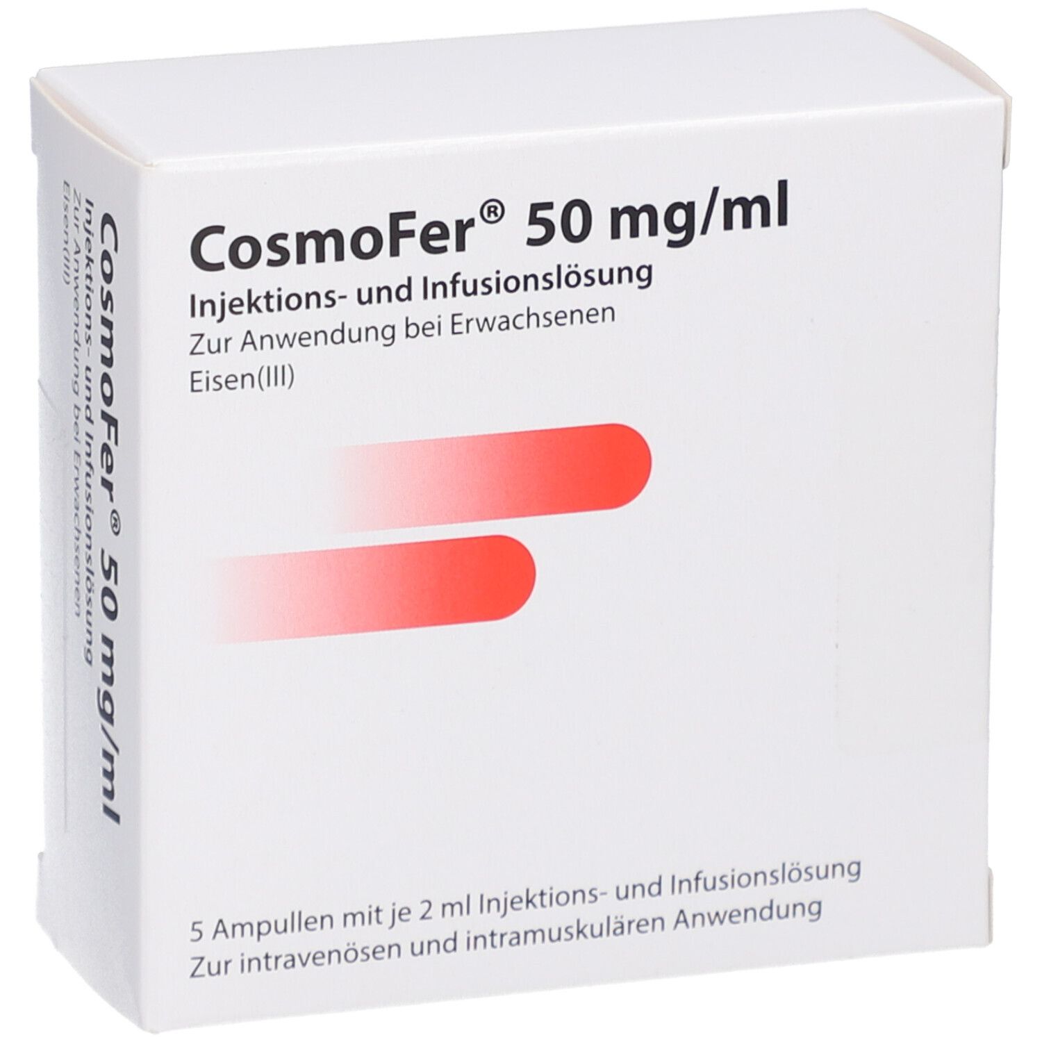 Weiße Faltschachtel mit CosmoFer 50 mg/ml Aufschrift. Enthält Injektions-/Infusionslösung. Rote Streifen und Text.
