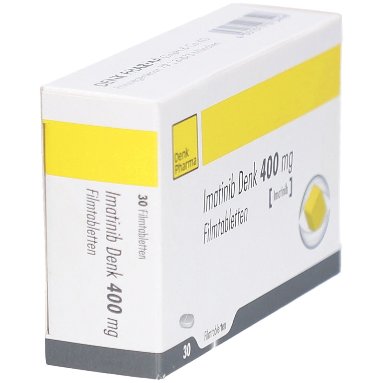 Schachtel mit gelbem Streifen. Aufschrift: Imatinib Denk 400 mg Filmtabletten. Denk Pharma Logo. 30 Filmtabletten. Abgebildet ist eine Tablette.