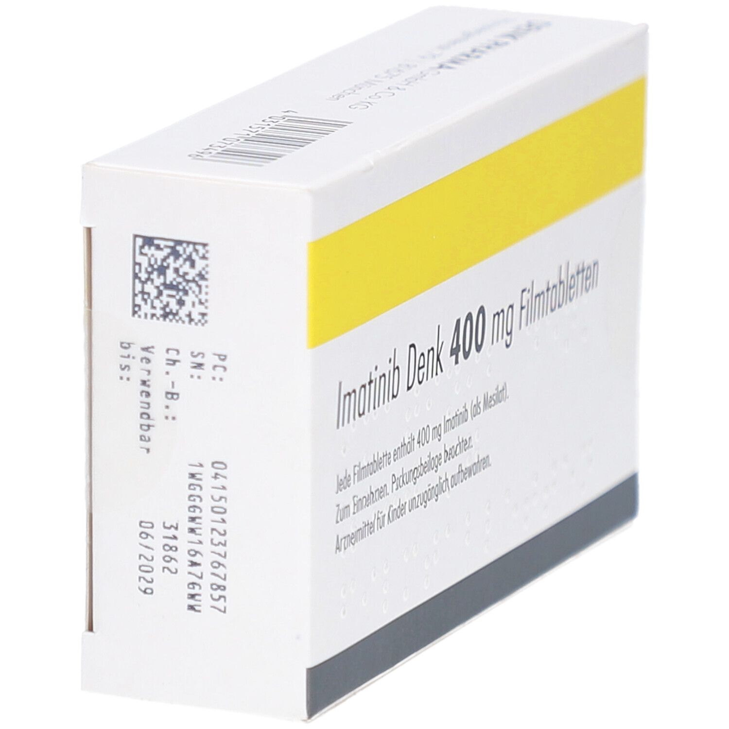 Schachtel, Rückseite. Aufschrift: Imatinib Denk 400 mg Filmtabletten. QR-Code und Chargeninformationen. Gelber Streifen.