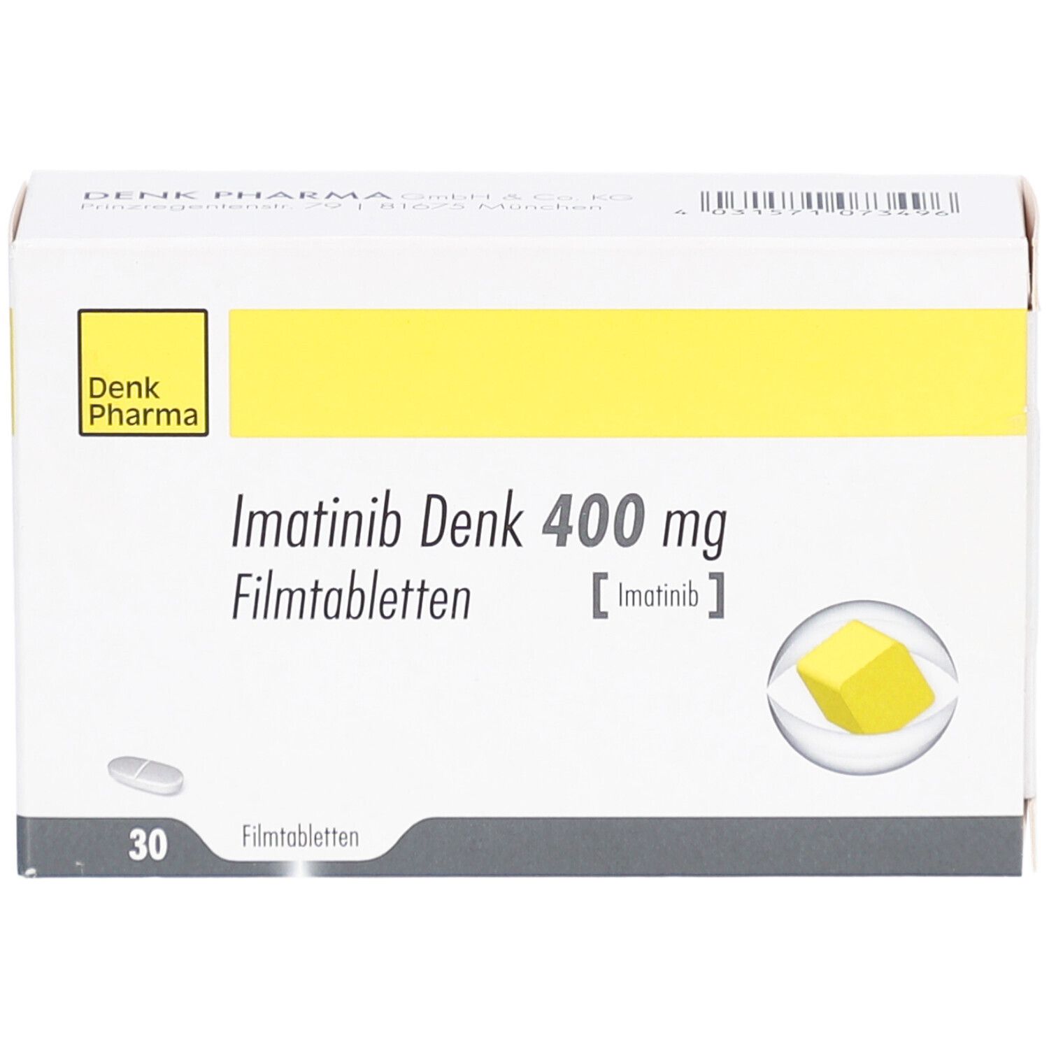 Schachtel, Vorderseite. Aufschrift: Imatinib Denk 400 mg Filmtabletten. Denk Pharma Logo. 30 Filmtabletten. Abgebildet ist eine Tablette.
