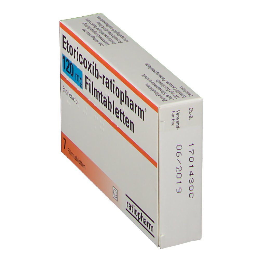 Schachtel ETORICOXIB-ratiopharm® 120 mg Filmtabletten. Aufschrift: 120 mg Filmtabletten, 7 Filmtabletten. Marke ratiopharm. Rückseite mit Verfallsdatum.