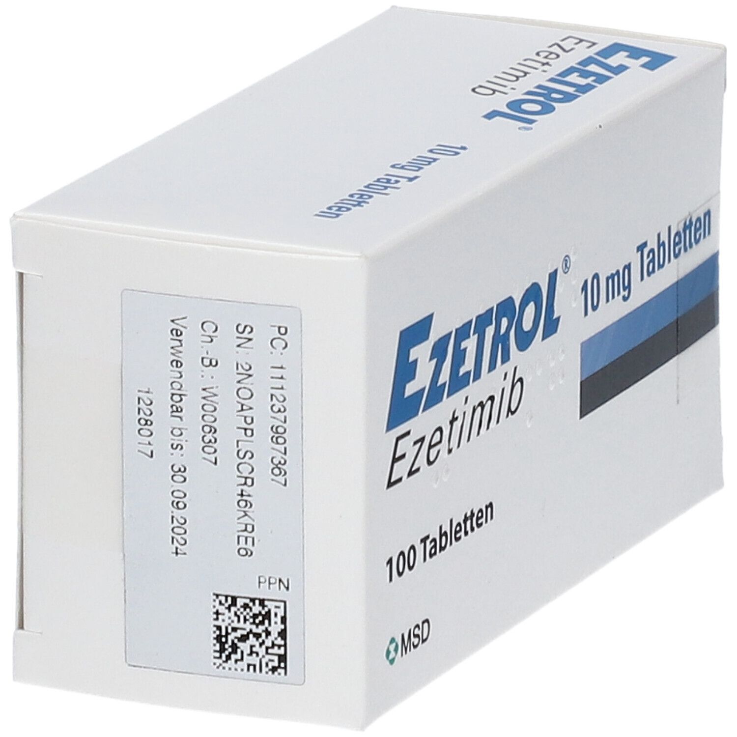 Weiße Schachtel, schräg gestellt. Aufschrift: Ezetrol, Ezetimib, 10 mg Tabletten, 100 Tabletten. Rückseite mit Text und Barcode.