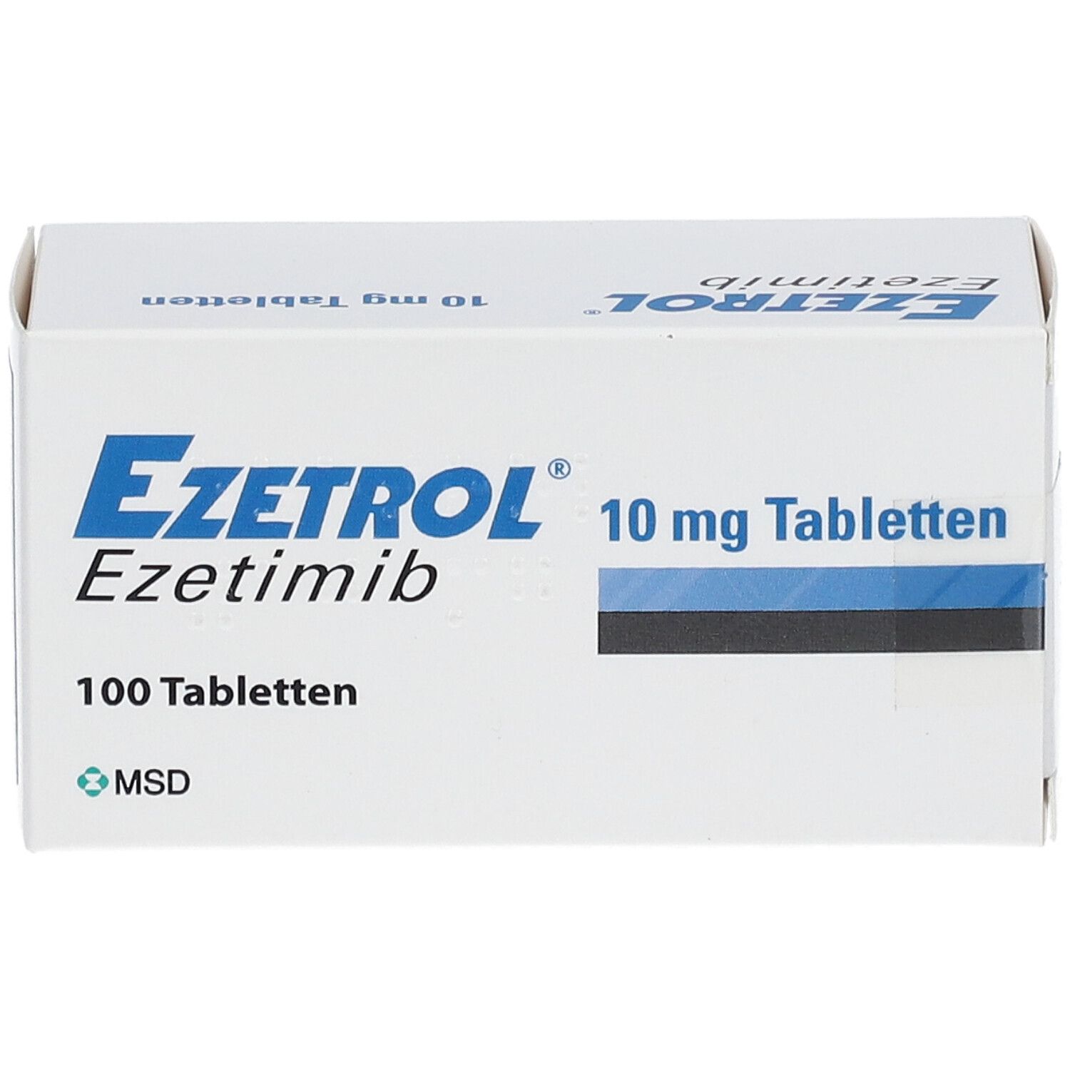 Weiße Schachtel mit blauer Schrift. Aufschrift: Ezetrol, Ezetimib, 10 mg Tabletten, 100 Tabletten. MSD-Logo.