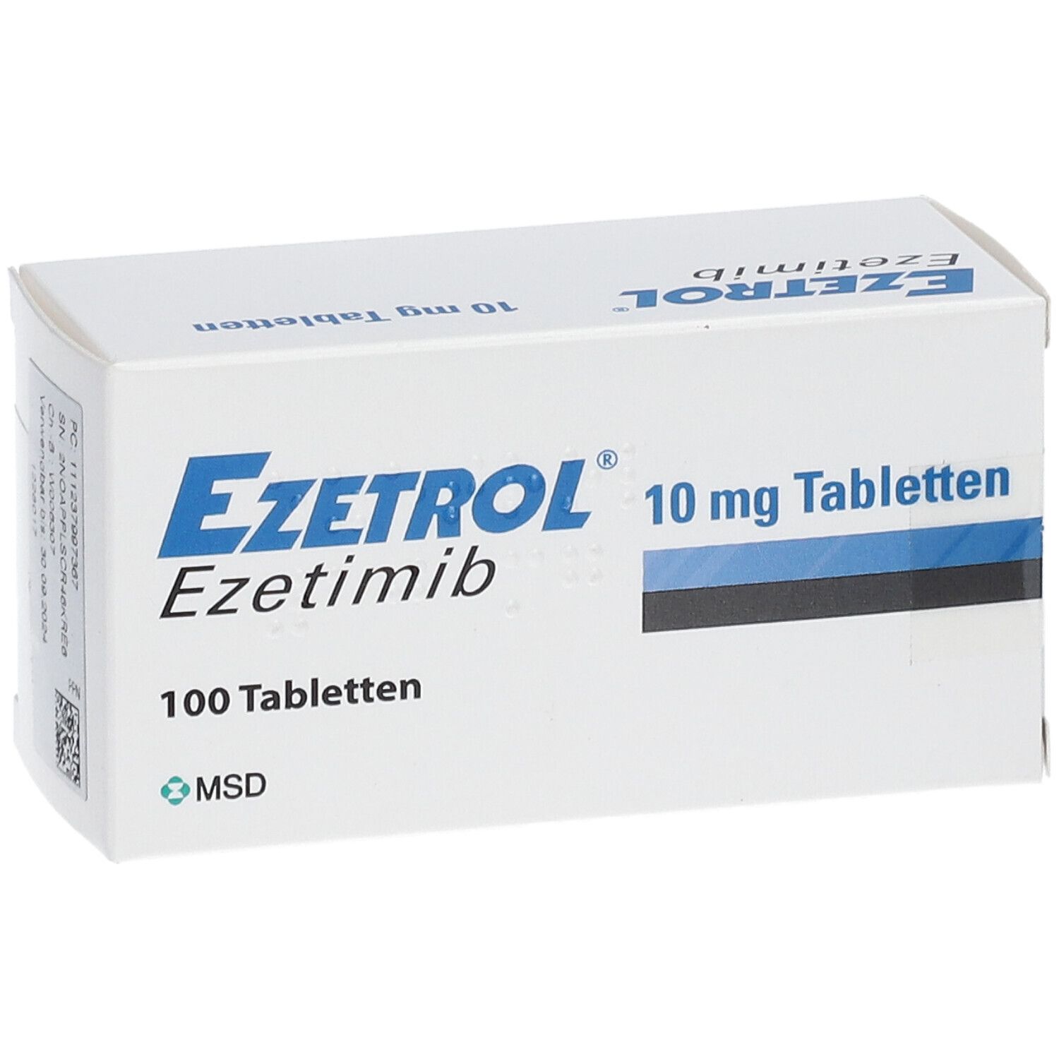 Weiße Schachtel mit blauer Schrift. Aufschrift: Ezetrol, Ezetimib, 10 mg Tabletten, 100 Tabletten. MSD-Logo.
