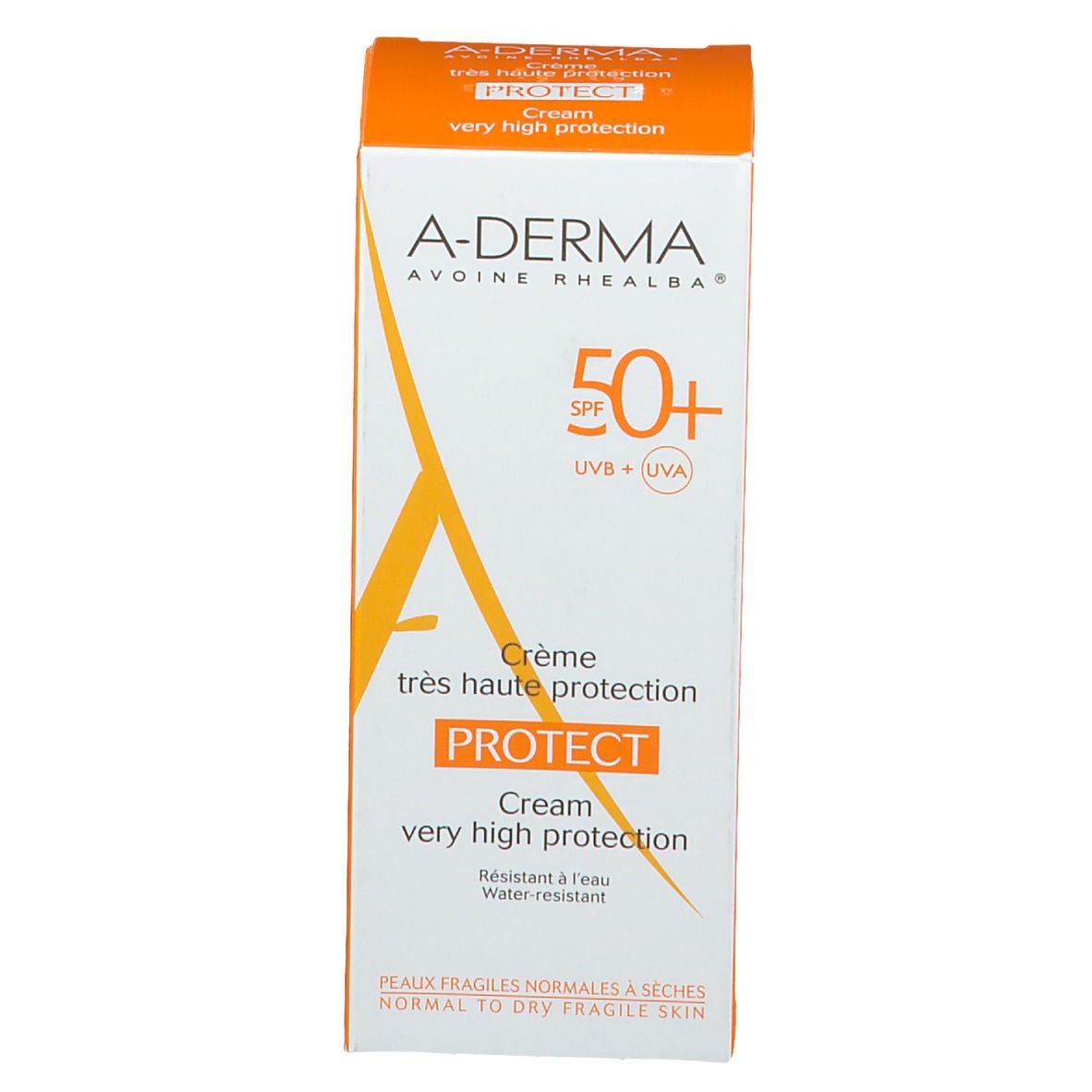 Produktverpackung. A-DERMA, 50+ SPF, PROTECT Creme. Für empfindliche Haut.