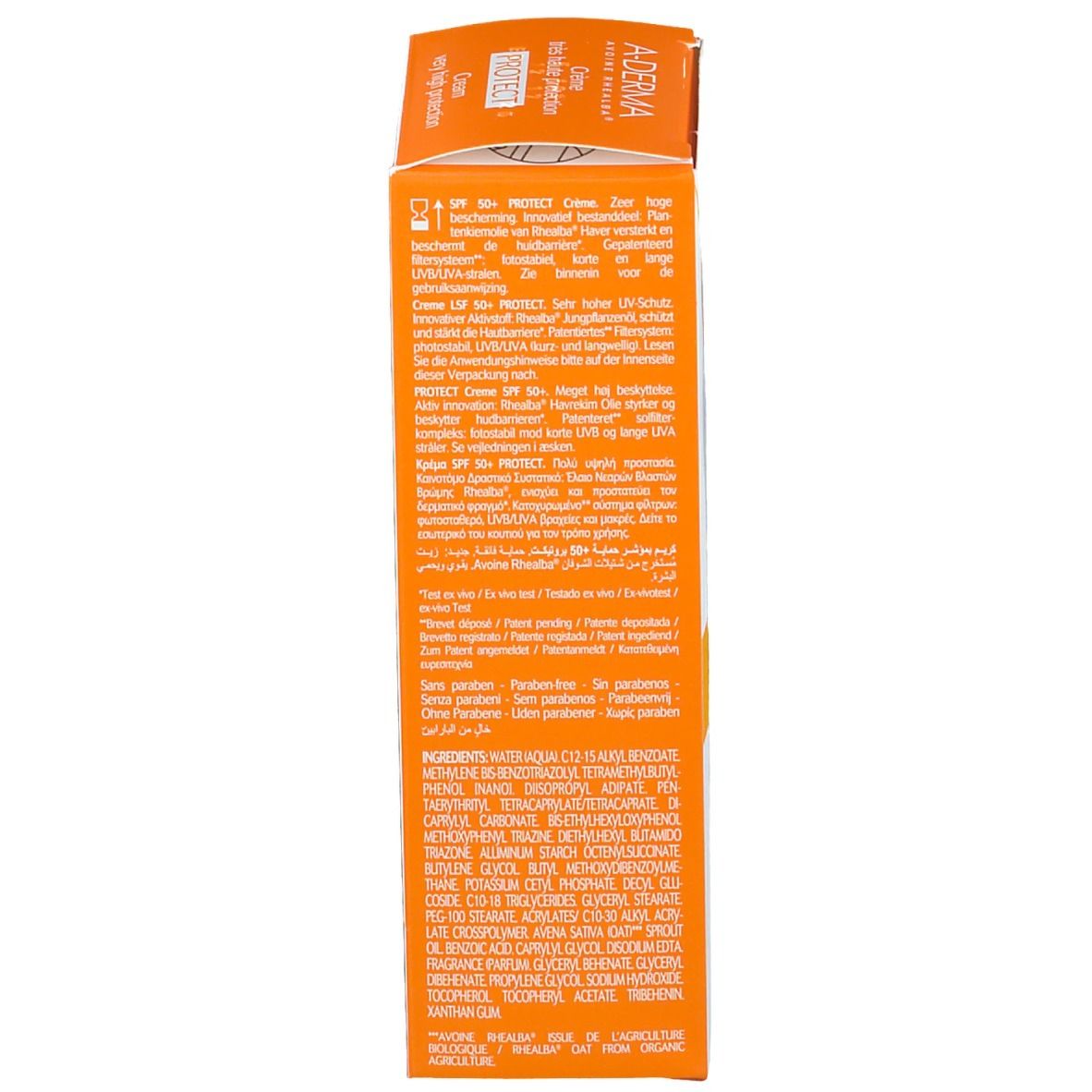 Produktverpackung, Seite. Text in mehreren Sprachen. Inhaltsstoffe. Herstellerinformationen.