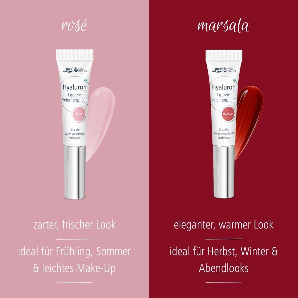 Zwei Tuben Hyaluron Lippen-Volumenpflege. Links: Rosé. Rechts: Marsala. Farbvergleich und Beschreibung der Effekte.