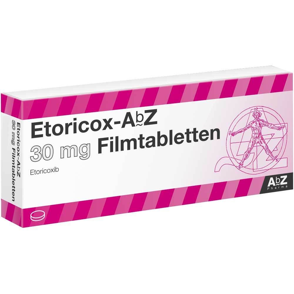 Packung Etoricox-AbZ 30 mg Filmtabletten. Weiß-rosa Schachtel mit Produktnamen, Dosierung und AbZ Pharma Logo.