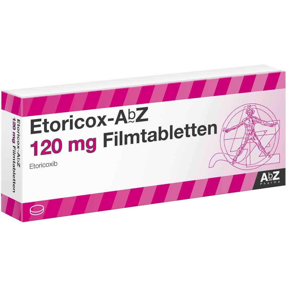 Schachtel mit ETORICOX AbZ 120 mg Filmtabletten. Rosa und weißes Design. Schriftzug: Etoricox-AbZ, 120 mg Filmtabletten, Etoricoxib.